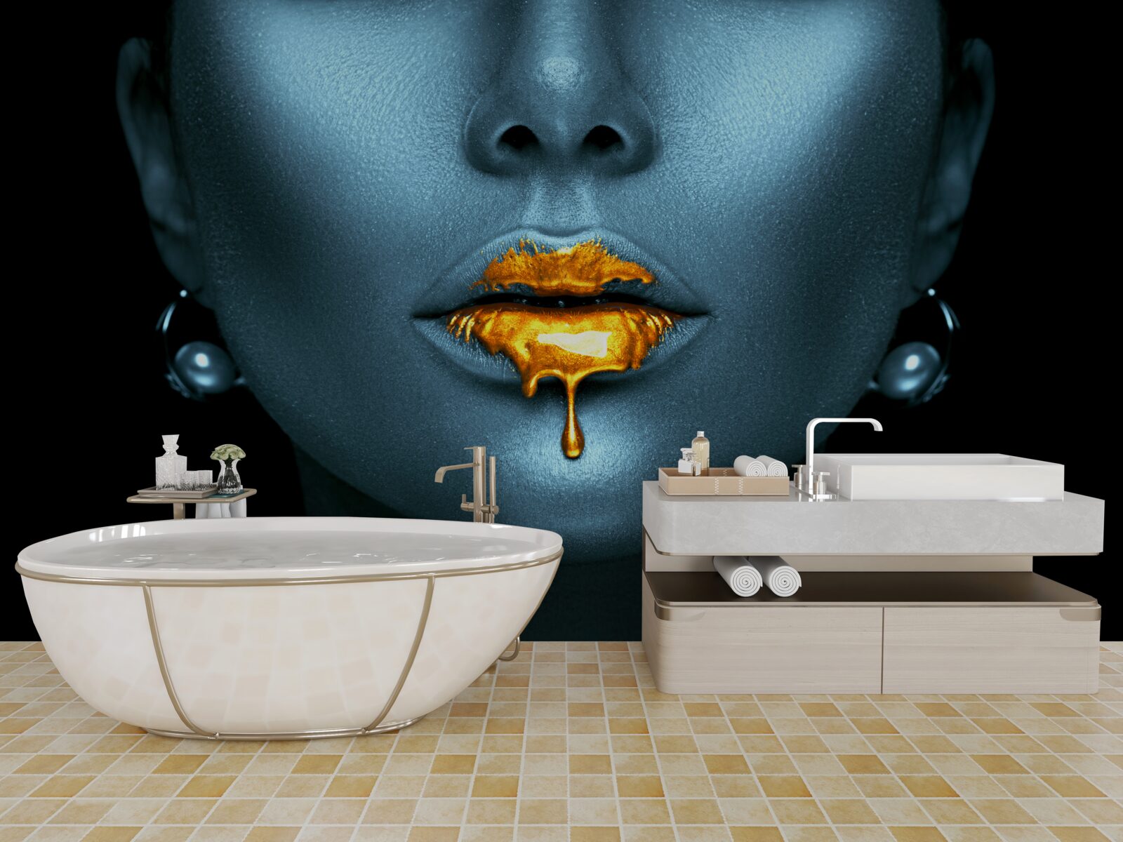 Fototapeten Eine Frau mit Lippen mit goldener Farbe bedeckt