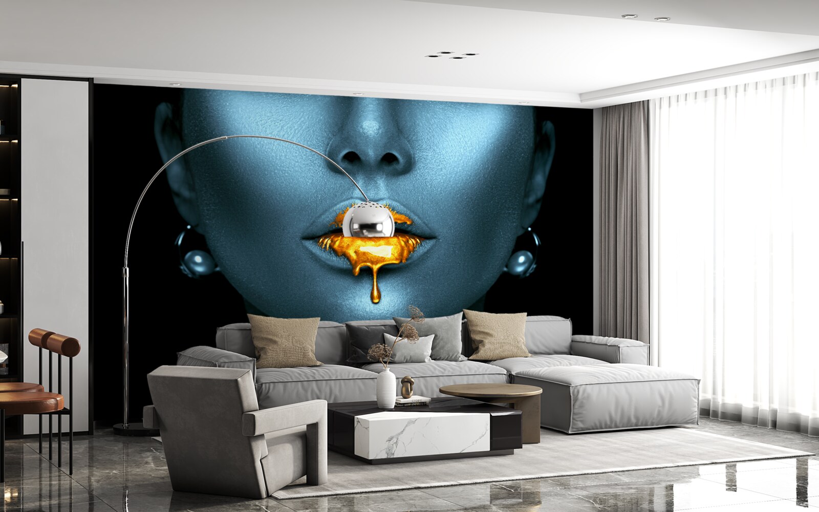 Fototapeten Eine Frau mit Lippen mit goldener Farbe bedeckt