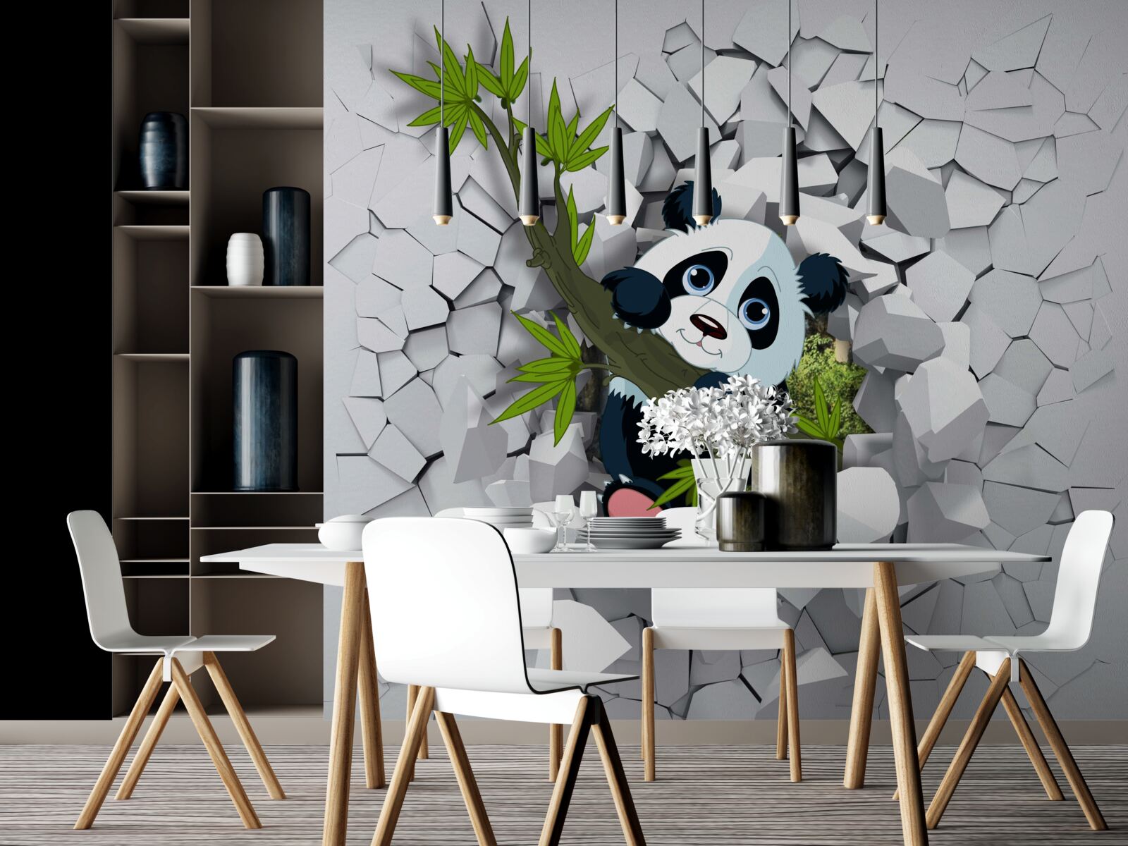 Fototapeten Panda sieht vorsichtig mit einer zerstörten Mauer aus