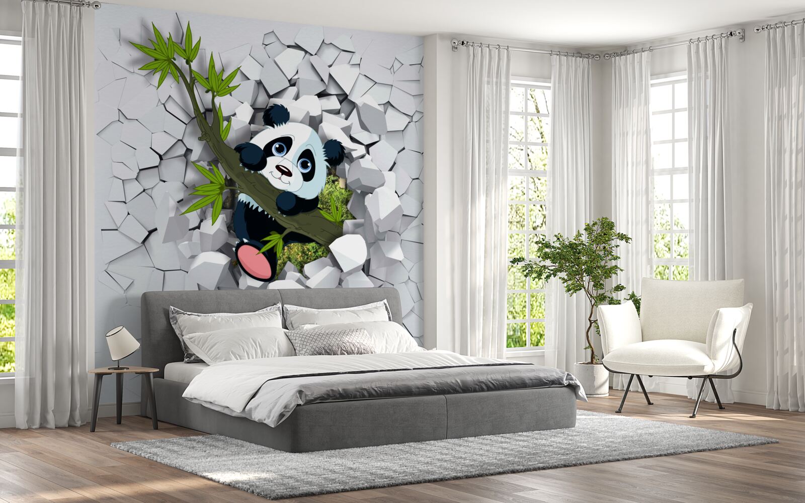Fototapeten Panda sieht vorsichtig mit einer zerstörten Mauer aus