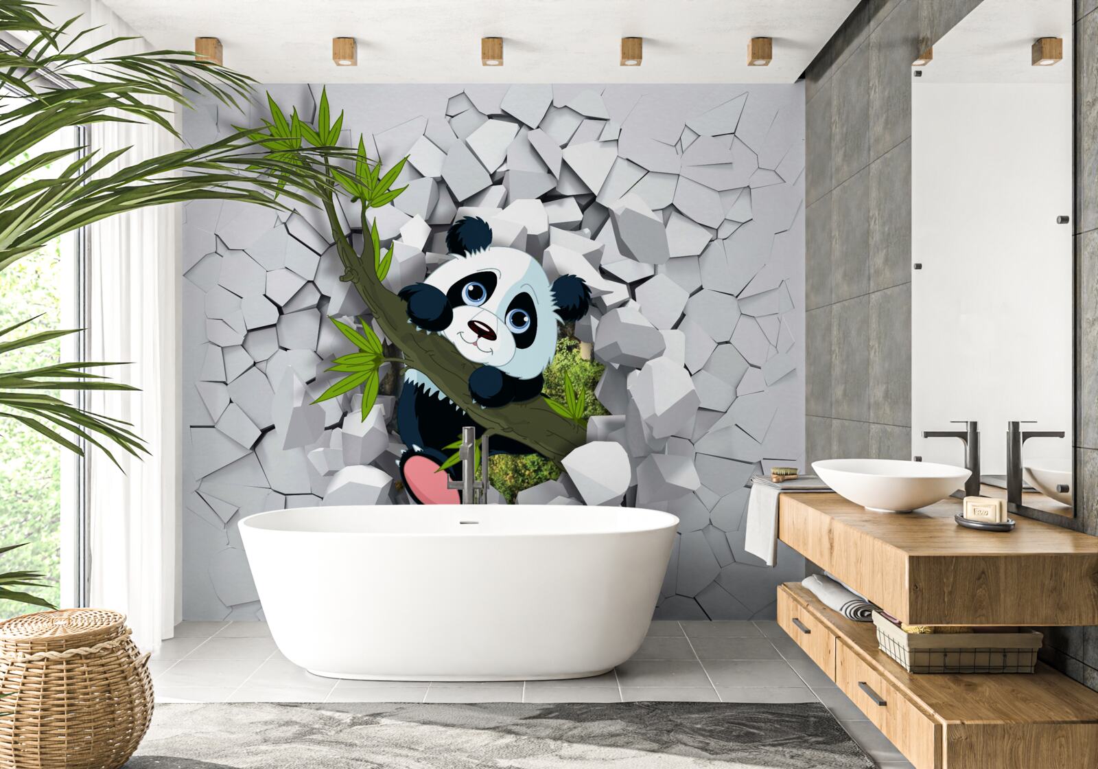 Fototapeten Panda sieht vorsichtig mit einer zerstörten Mauer aus