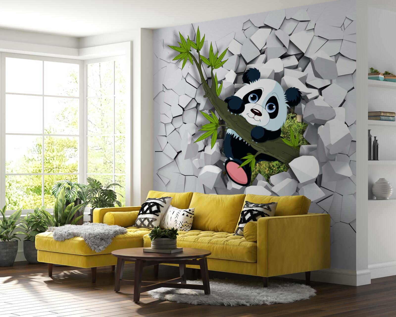 Fototapeten Panda sieht vorsichtig mit einer zerstörten Mauer aus