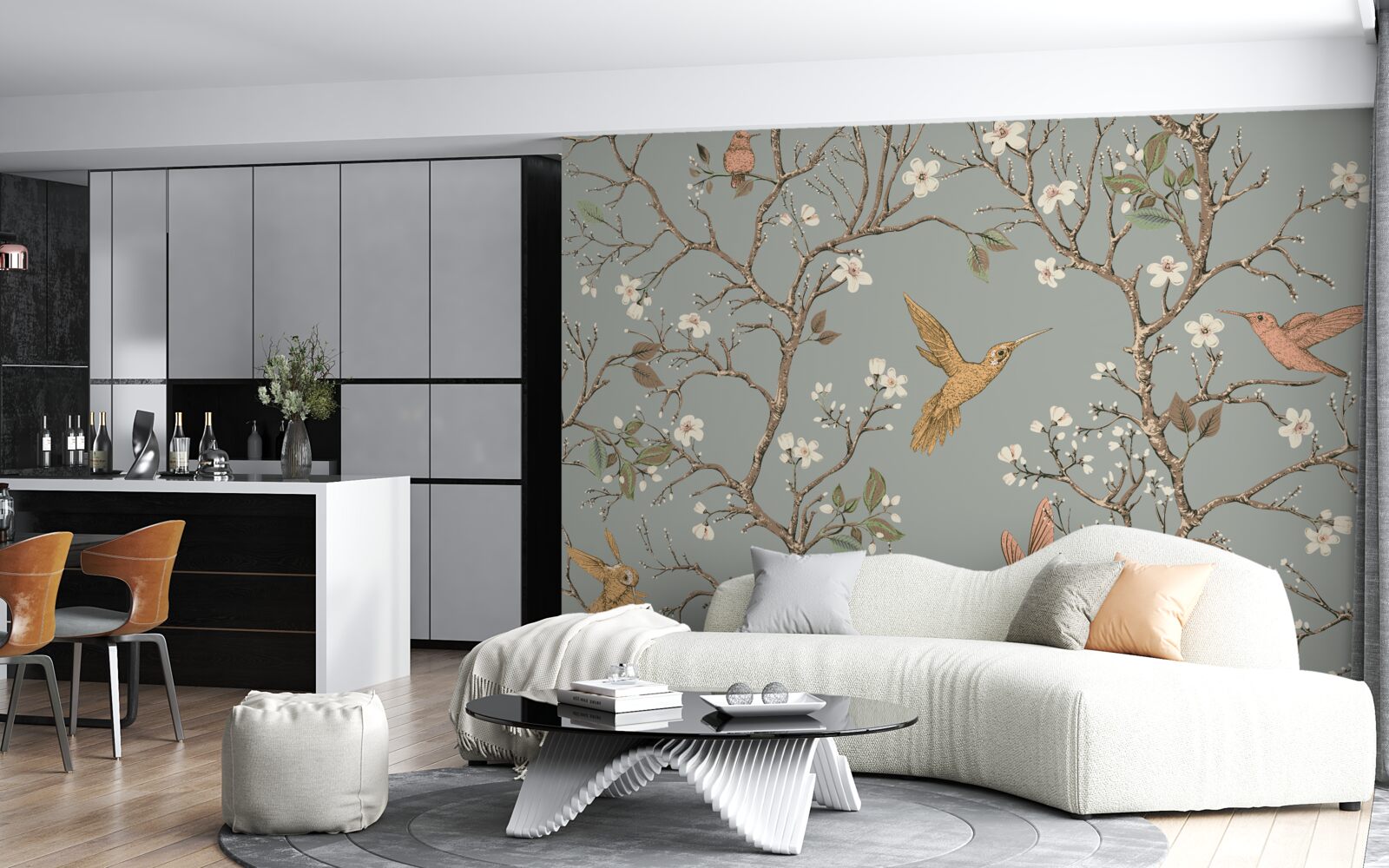 Fototapeten Ein blühender Baum und ein Kolibri