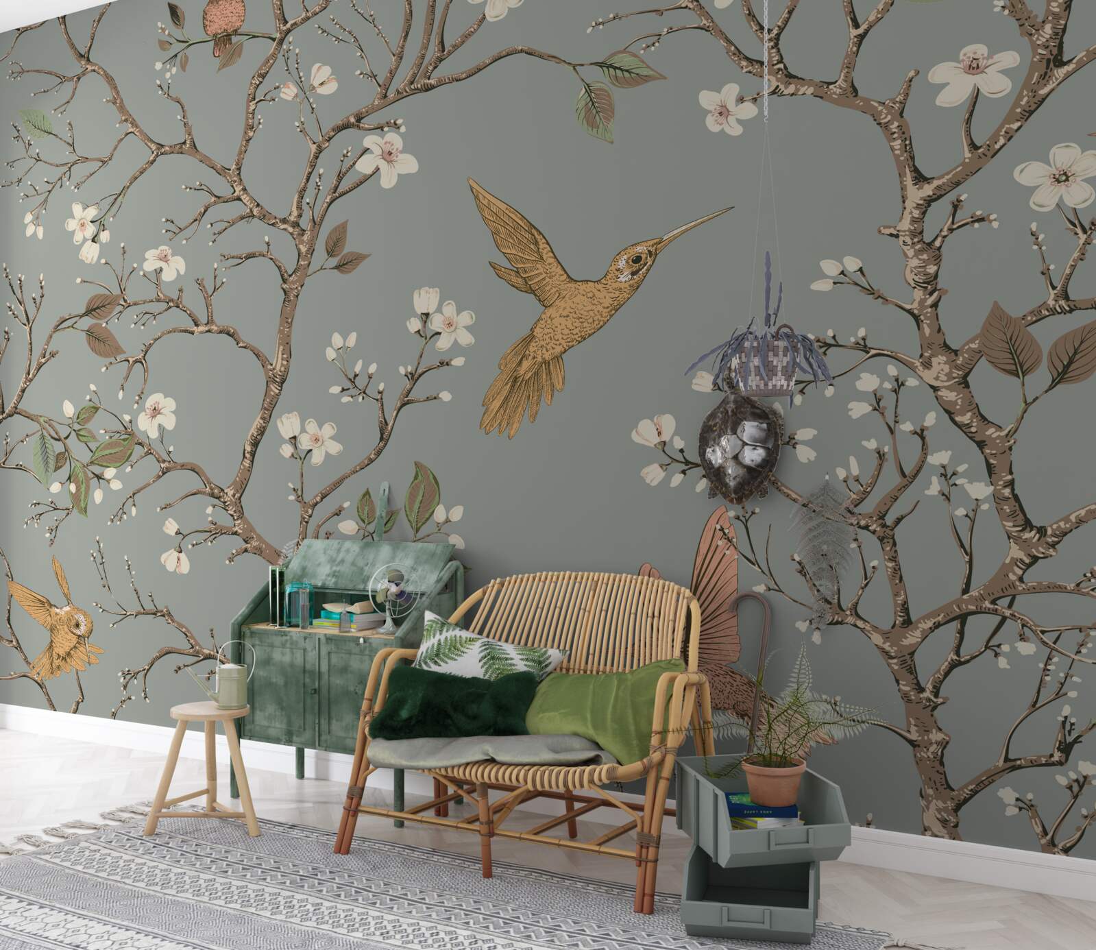 Fototapeten Ein blühender Baum und ein Kolibri