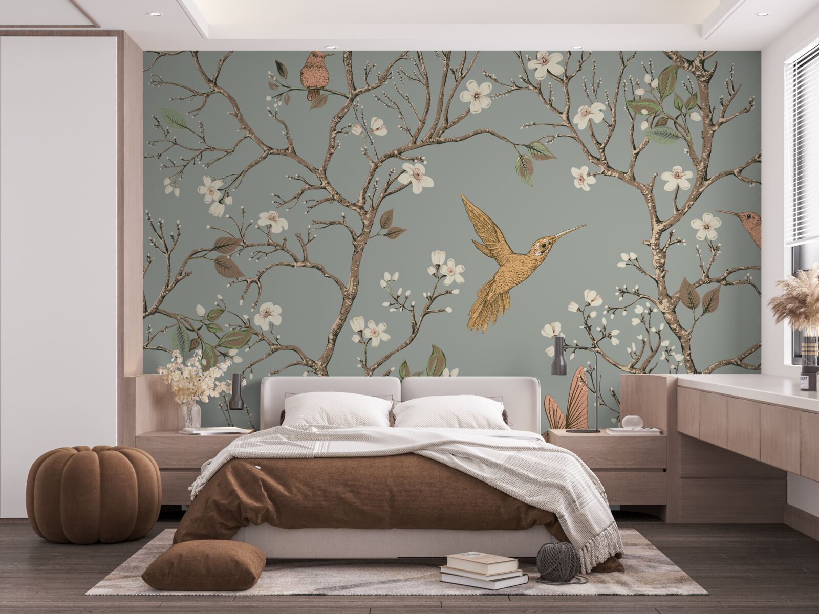 Fototapeten Ein blühender Baum und ein Kolibri