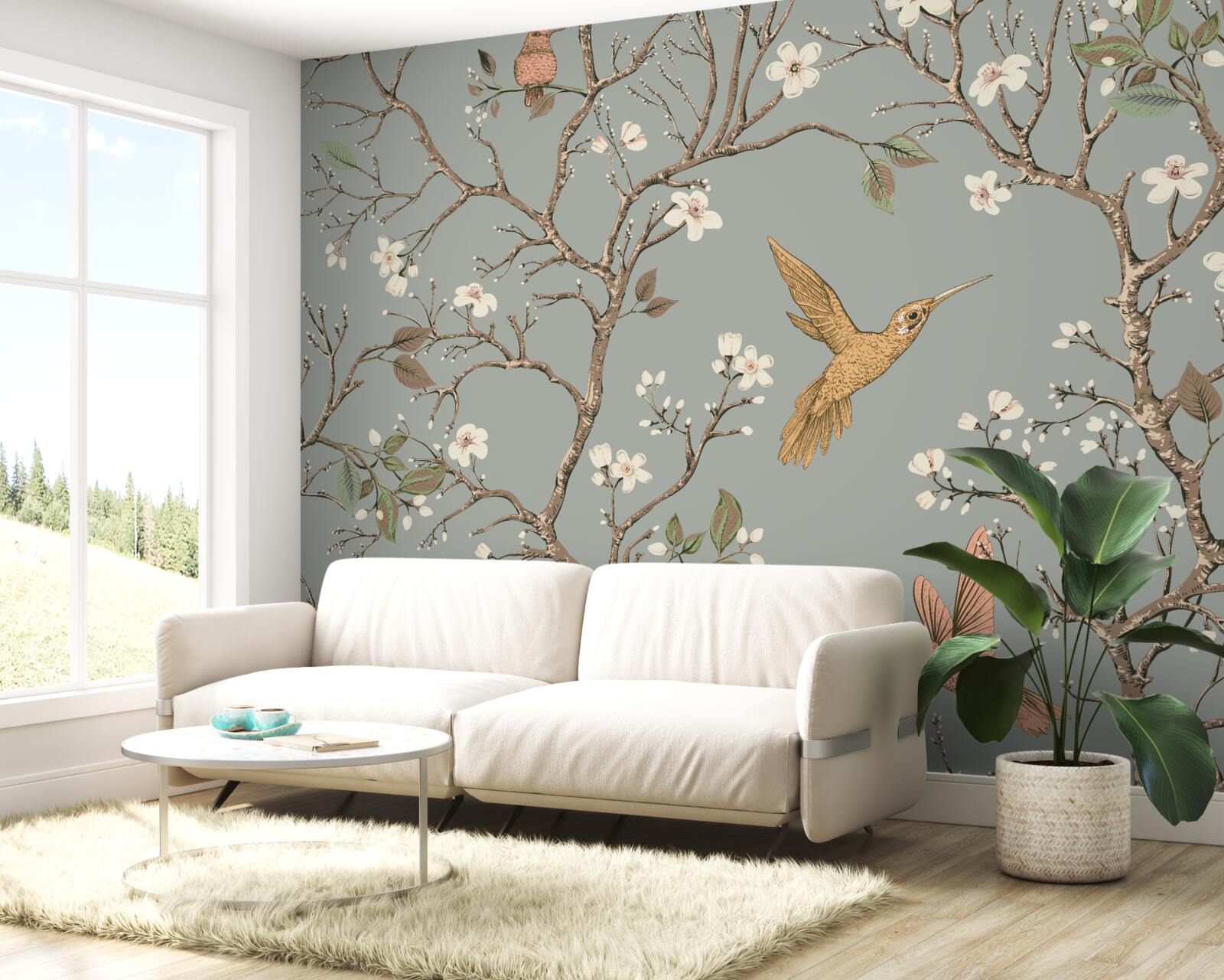 Fototapeten Ein blühender Baum und ein Kolibri