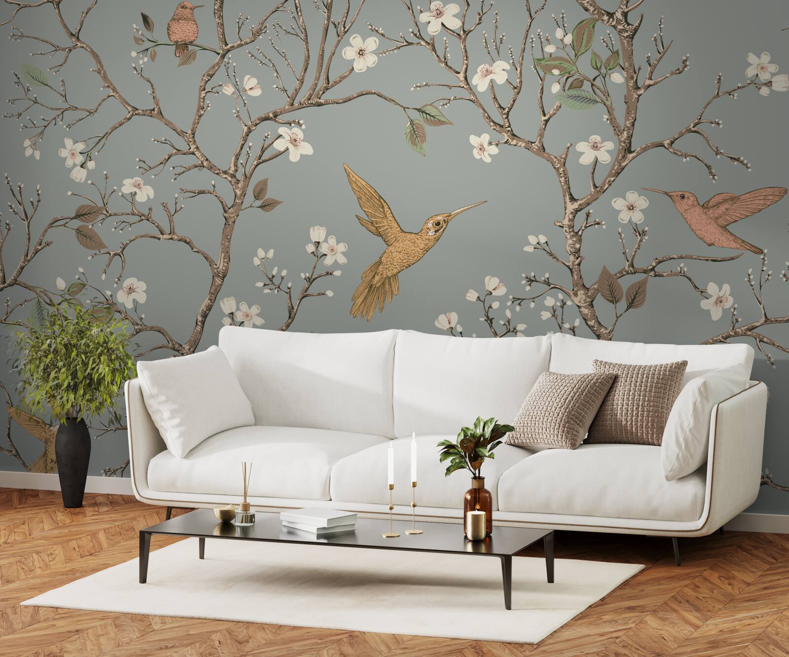 Fototapeten Ein blühender Baum und ein Kolibri