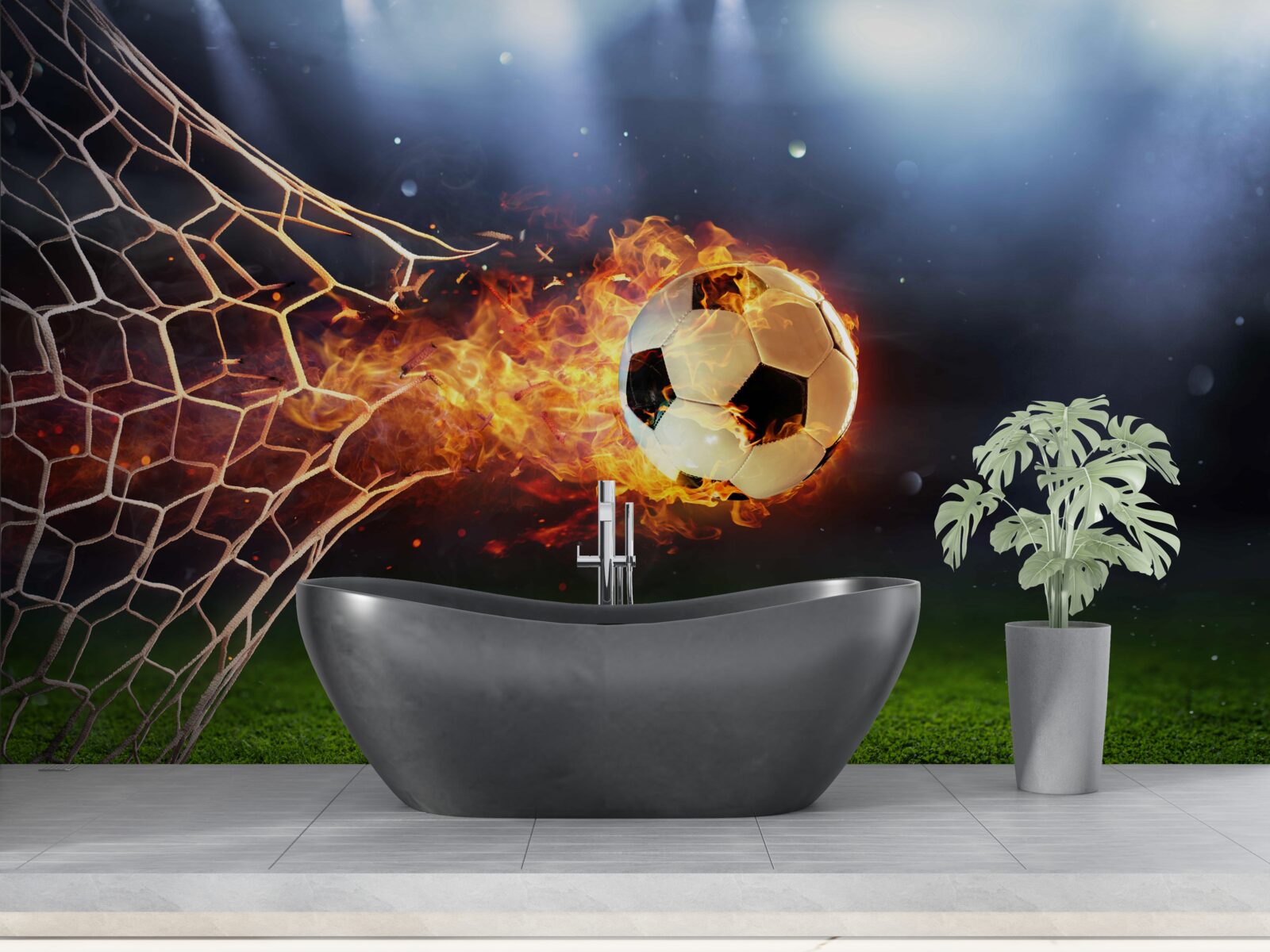 Fototapeten Der brennende Ball explodiert im Gate -Netzwerk
