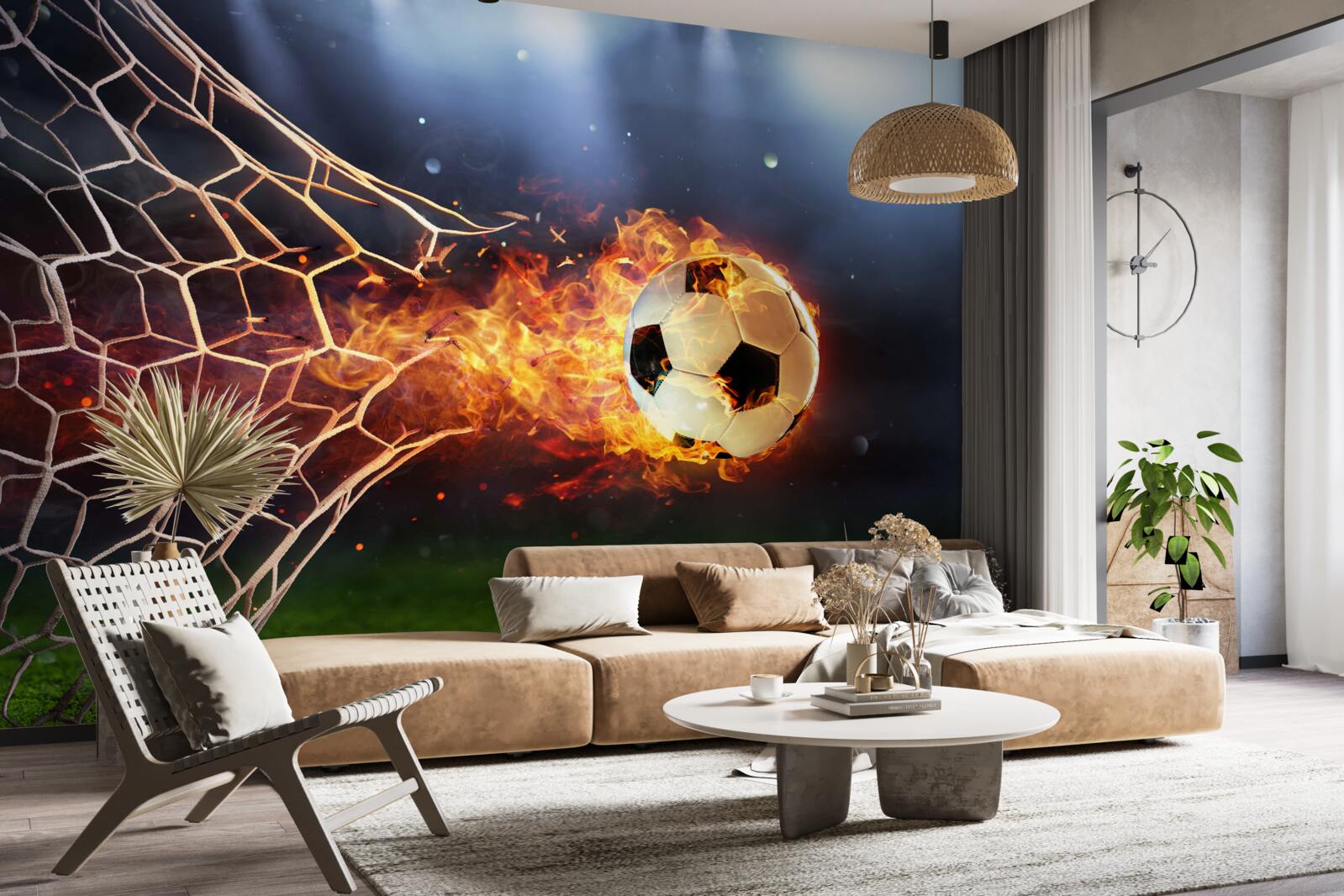 Fototapeten Der brennende Ball explodiert im Gate -Netzwerk
