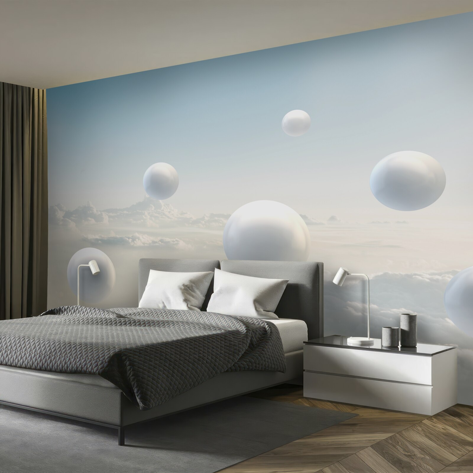 Fototapeten Weiße Kugeln schweben am Himmel