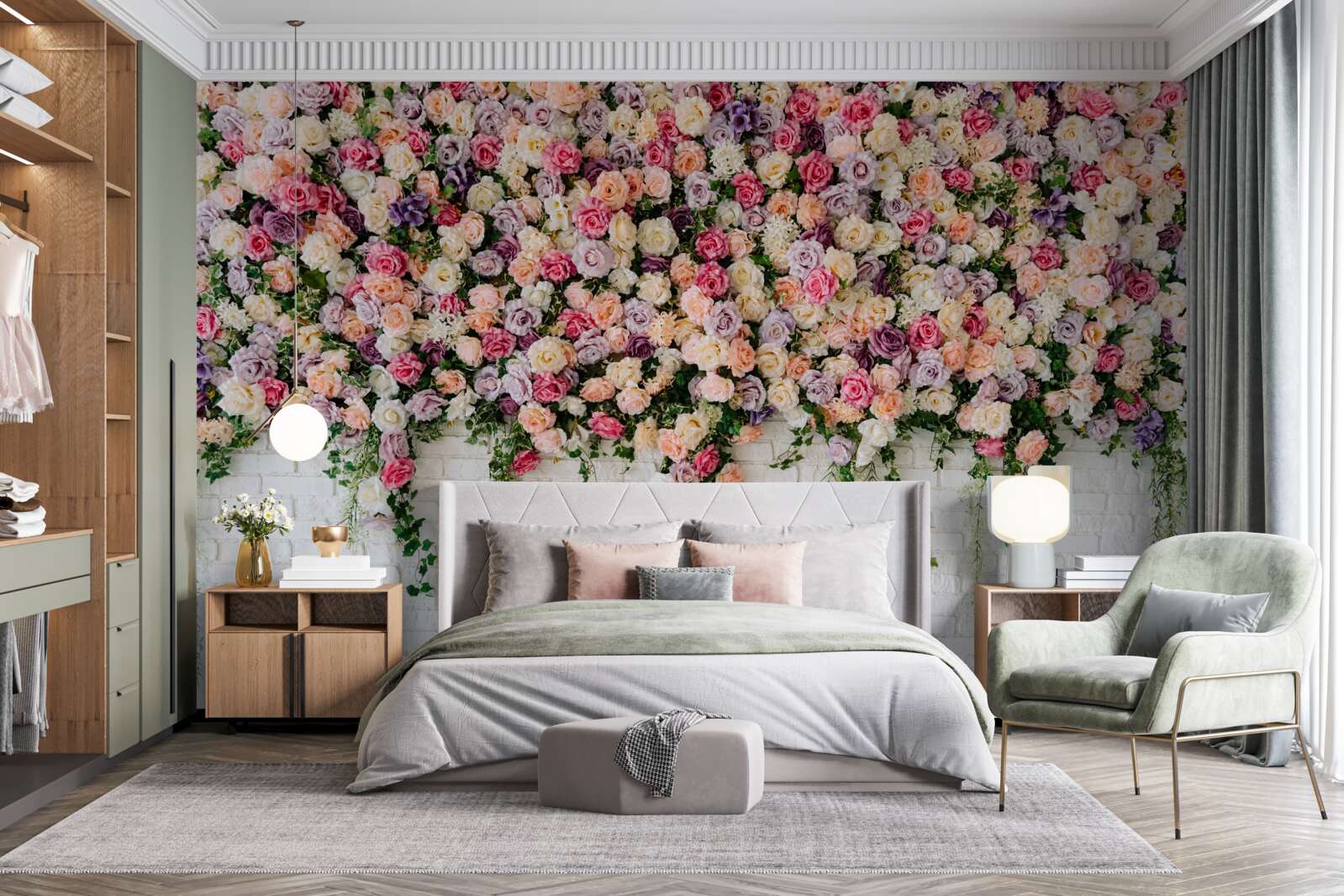Fototapeten Ziegelmauer mit Blumen eines Rosenbusches dekoriert
