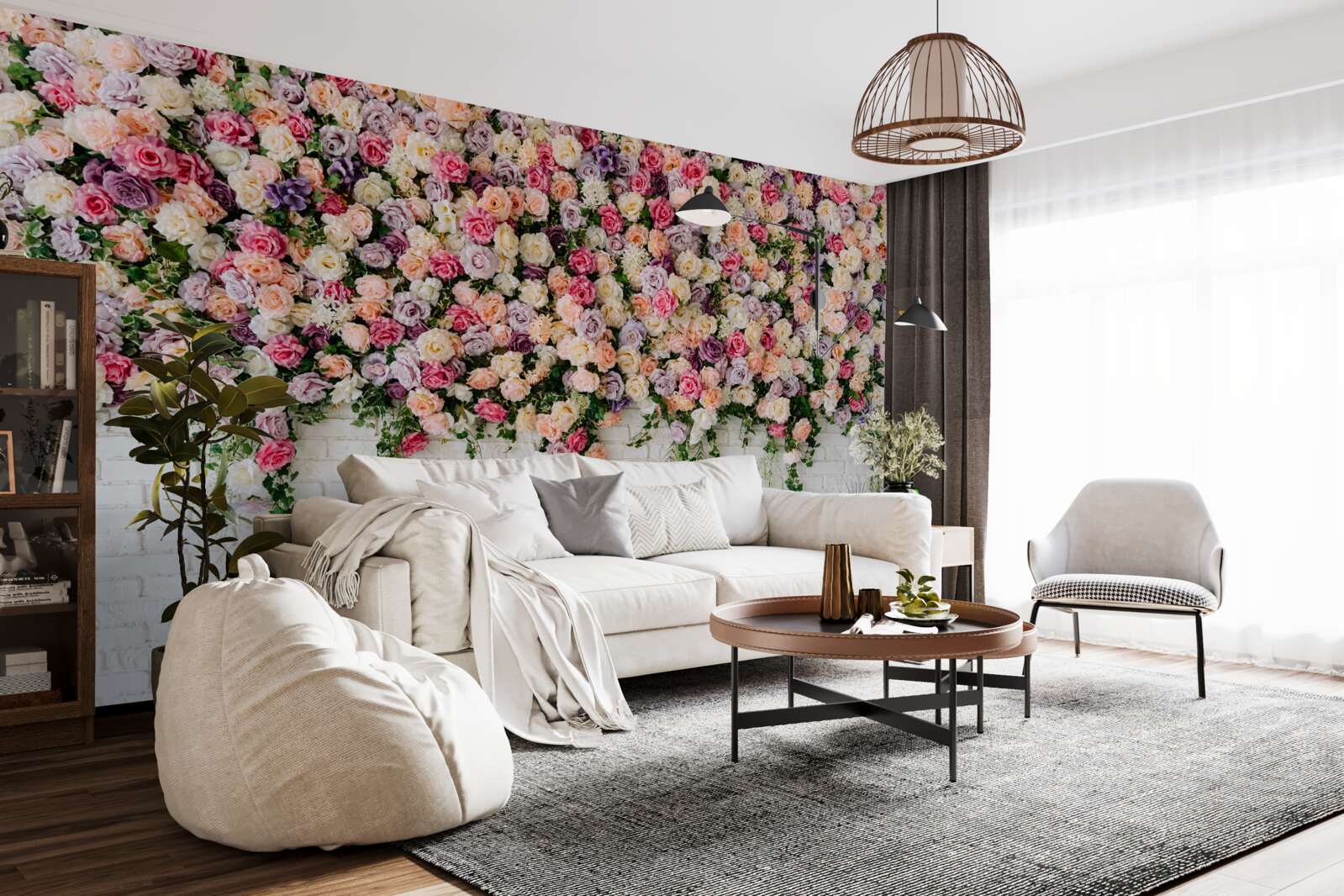 Fototapeten Ziegelmauer mit Blumen eines Rosenbusches dekoriert