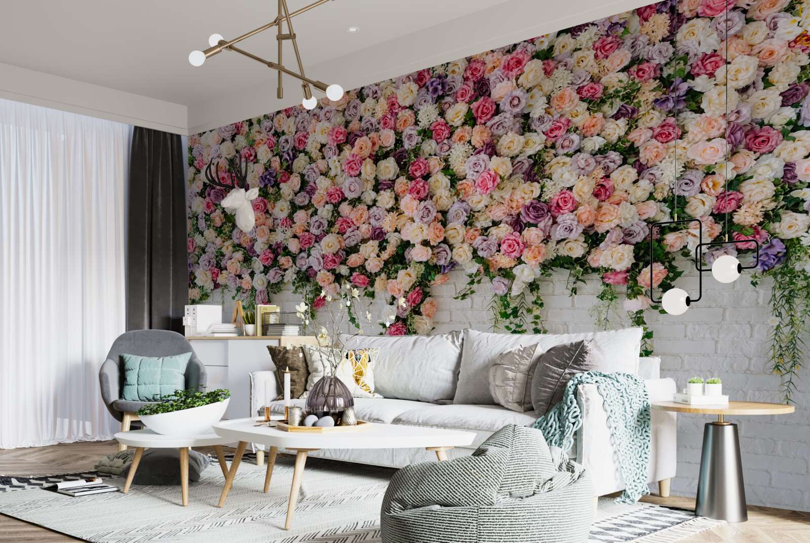 Fototapeten Ziegelmauer mit Blumen eines Rosenbusches dekoriert