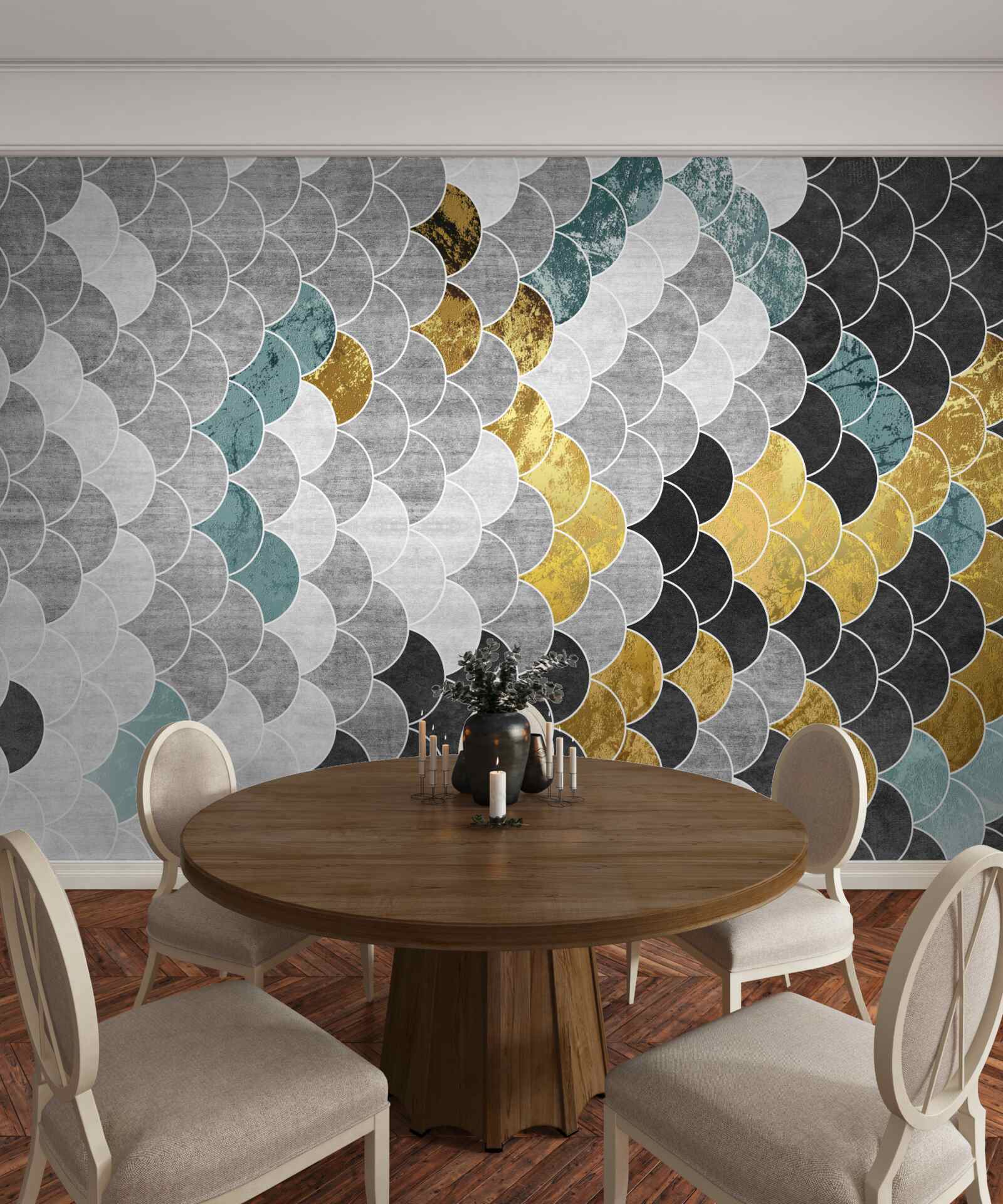 Fototapeten Geometrische Formen in Schwarzweiß mit goldenen Elementen