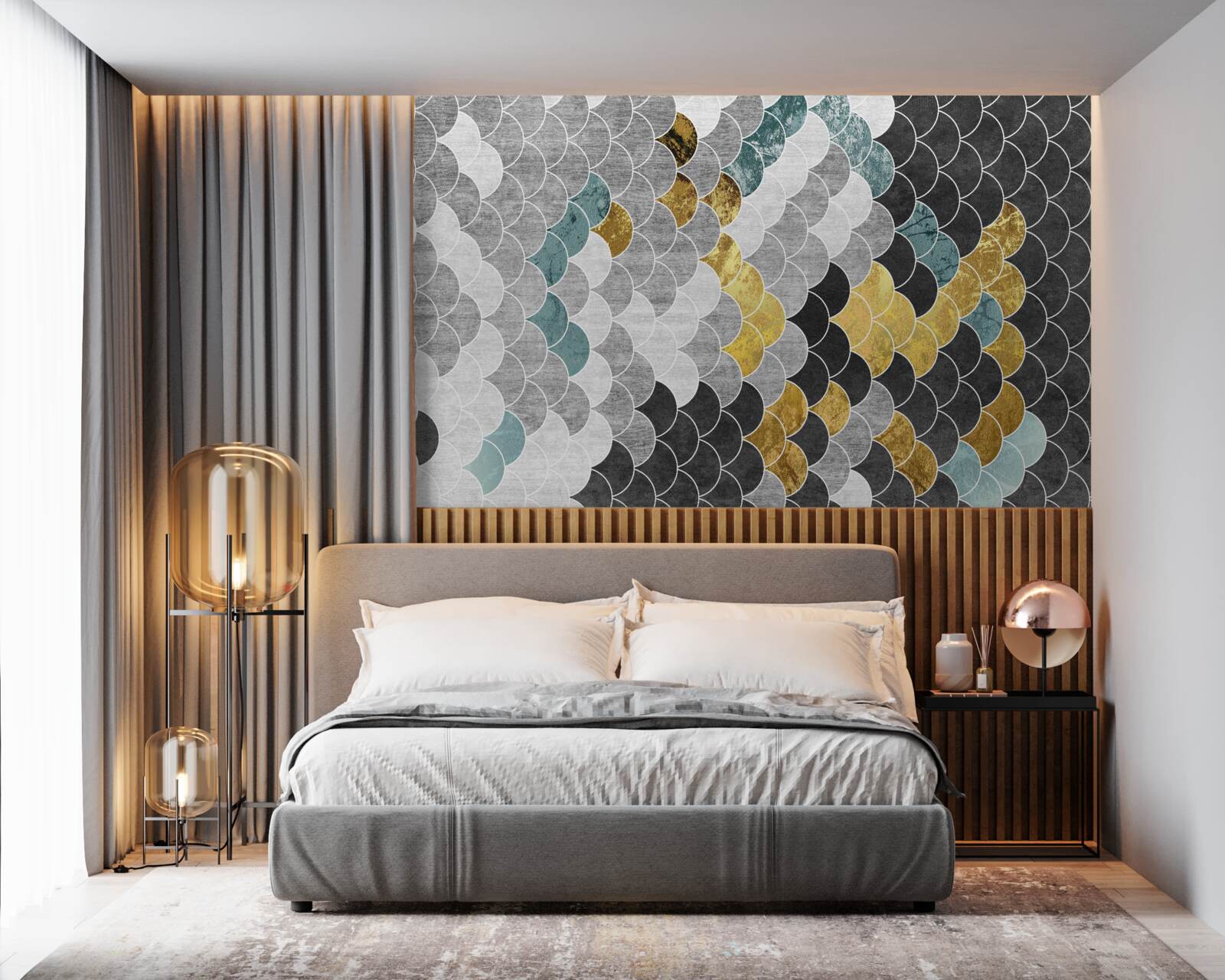 Fototapeten Geometrische Formen in Schwarzweiß mit goldenen Elementen