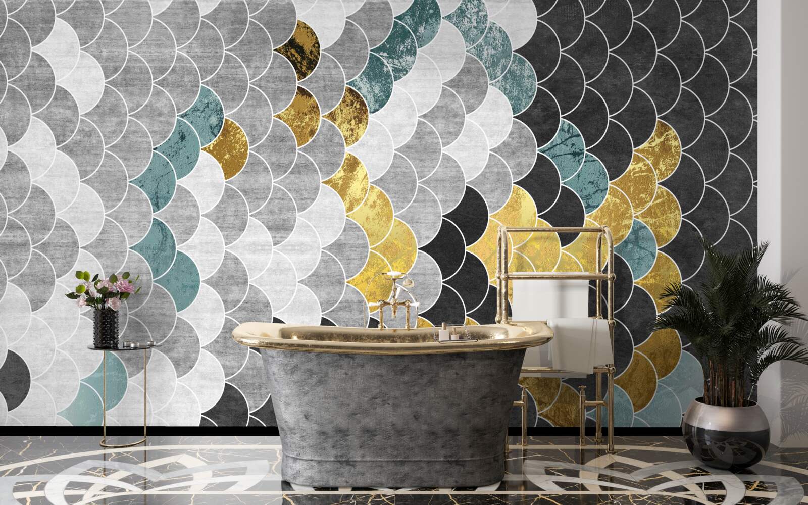 Fototapeten Geometrische Formen in Schwarzweiß mit goldenen Elementen