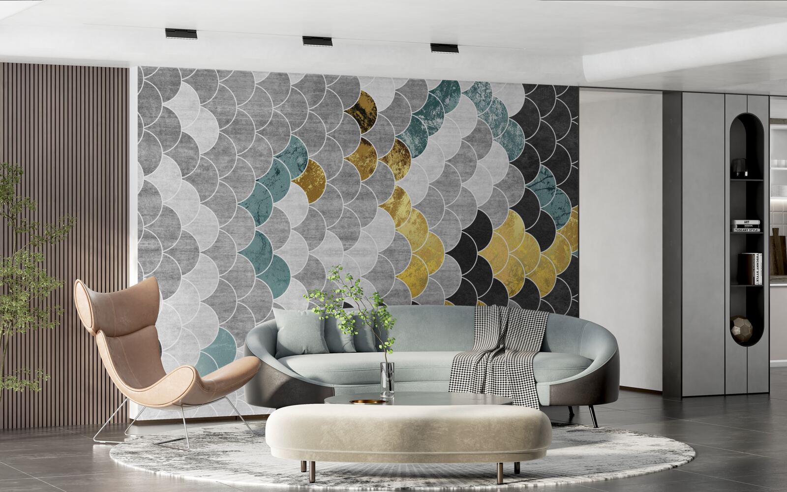 Fototapeten Geometrische Formen in Schwarzweiß mit goldenen Elementen