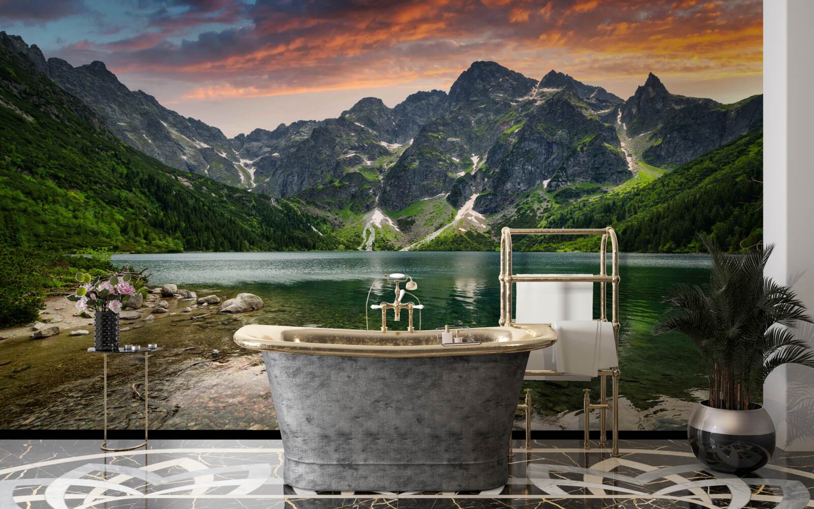 Fototapeten Ein ruhiger, warmer Abend und ein Bergteich