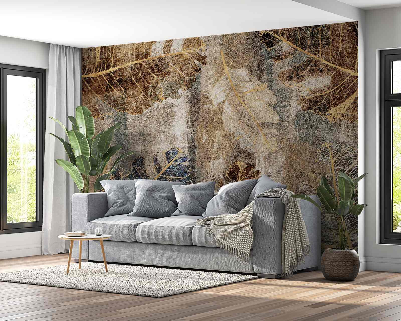 Fototapeten Gold und schwarze Farnblätter