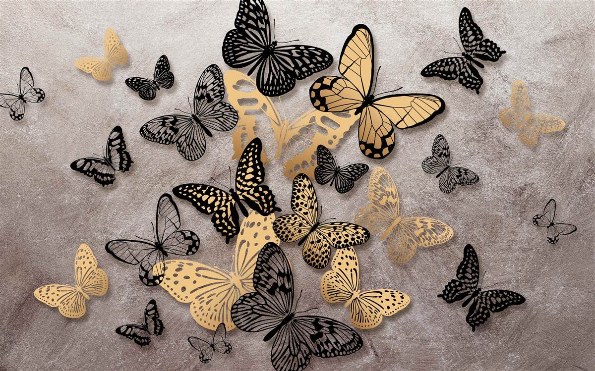 Fototapeten Gold und schwarze Schmetterlinge erheben sich in die Luft