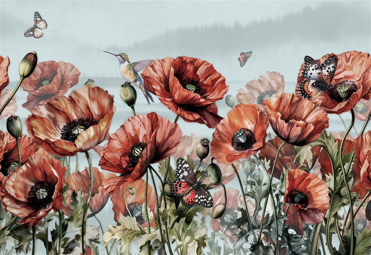Fototapeten Schmetterlinge, die über das Feld von Crimson Poppies fliegen