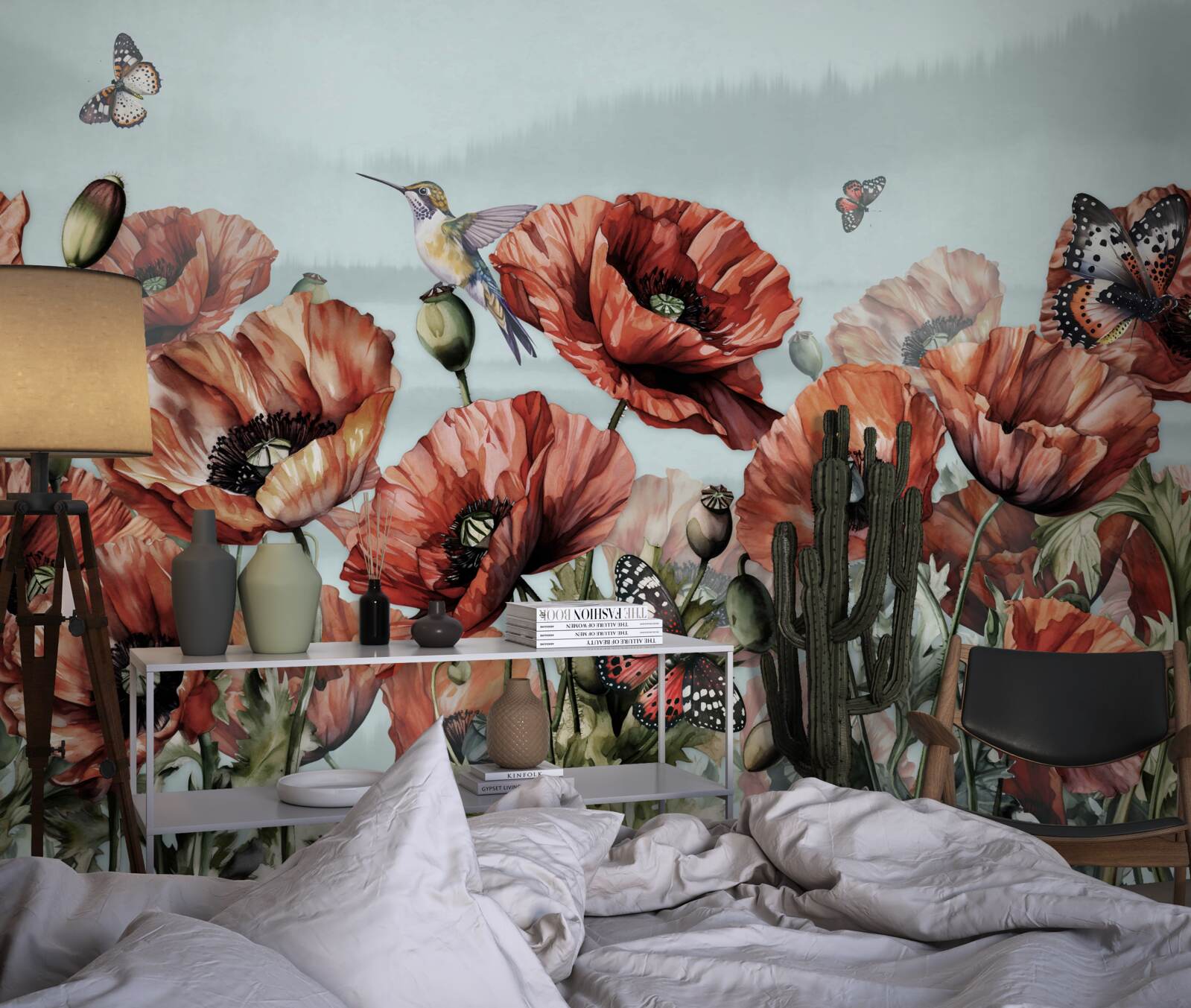 Fototapeten Schmetterlinge, die über das Feld von Crimson Poppies fliegen