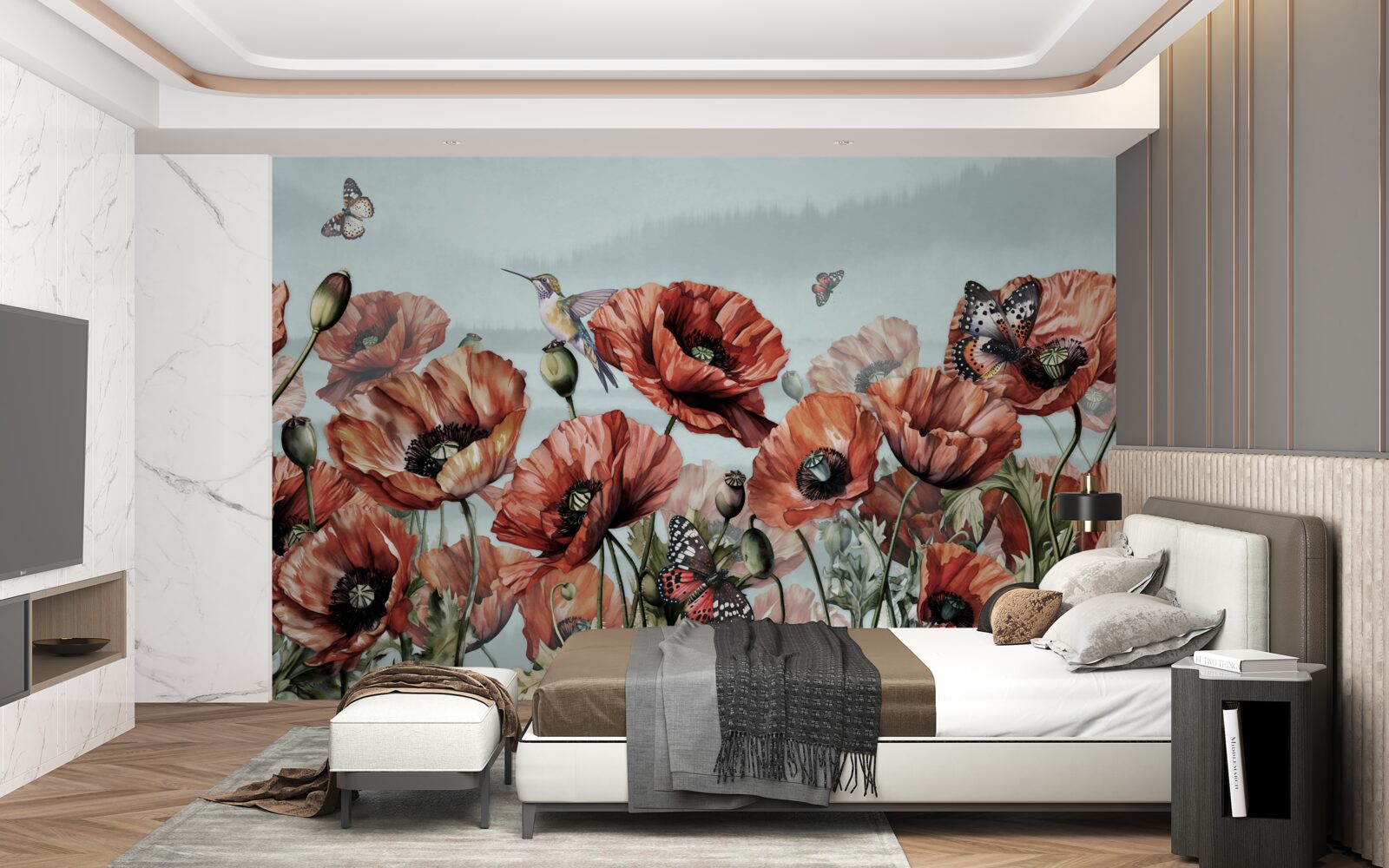 Fototapeten Schmetterlinge, die über das Feld von Crimson Poppies fliegen