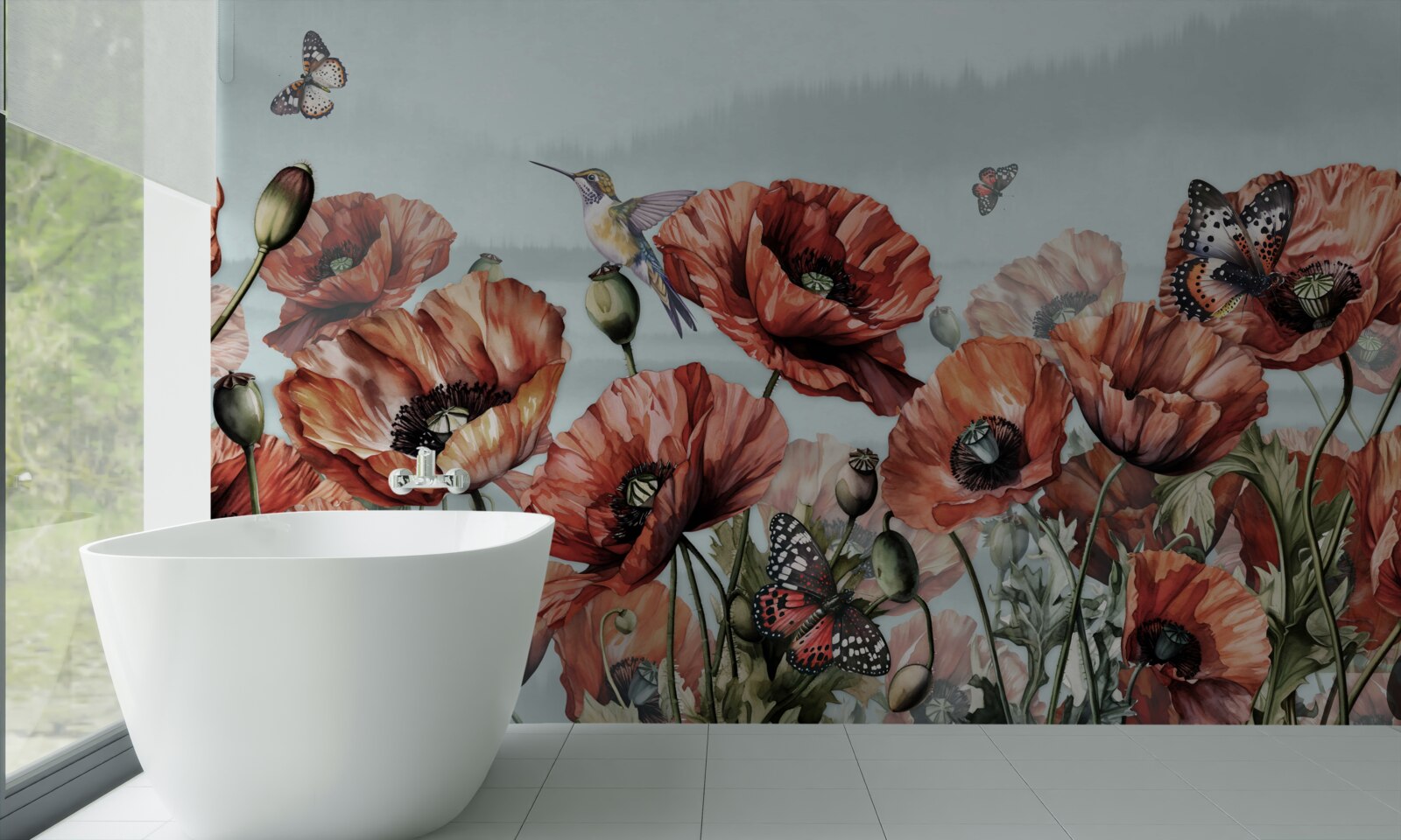 Fototapeten Schmetterlinge, die über das Feld von Crimson Poppies fliegen