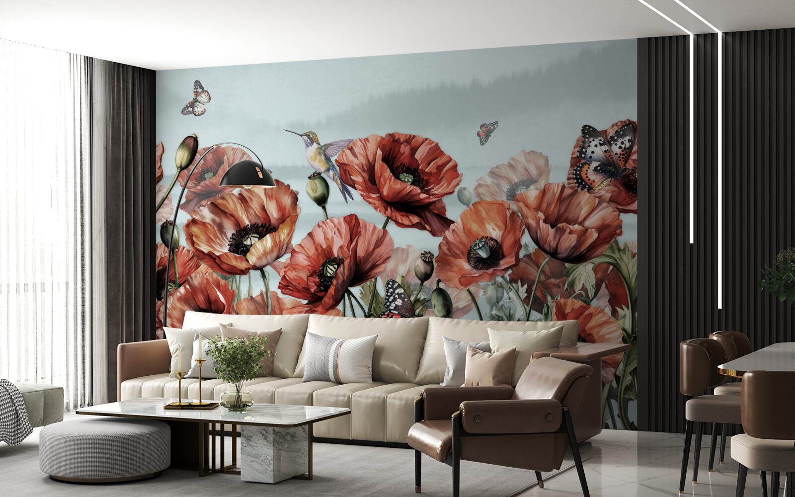 Fototapeten Schmetterlinge, die über das Feld von Crimson Poppies fliegen