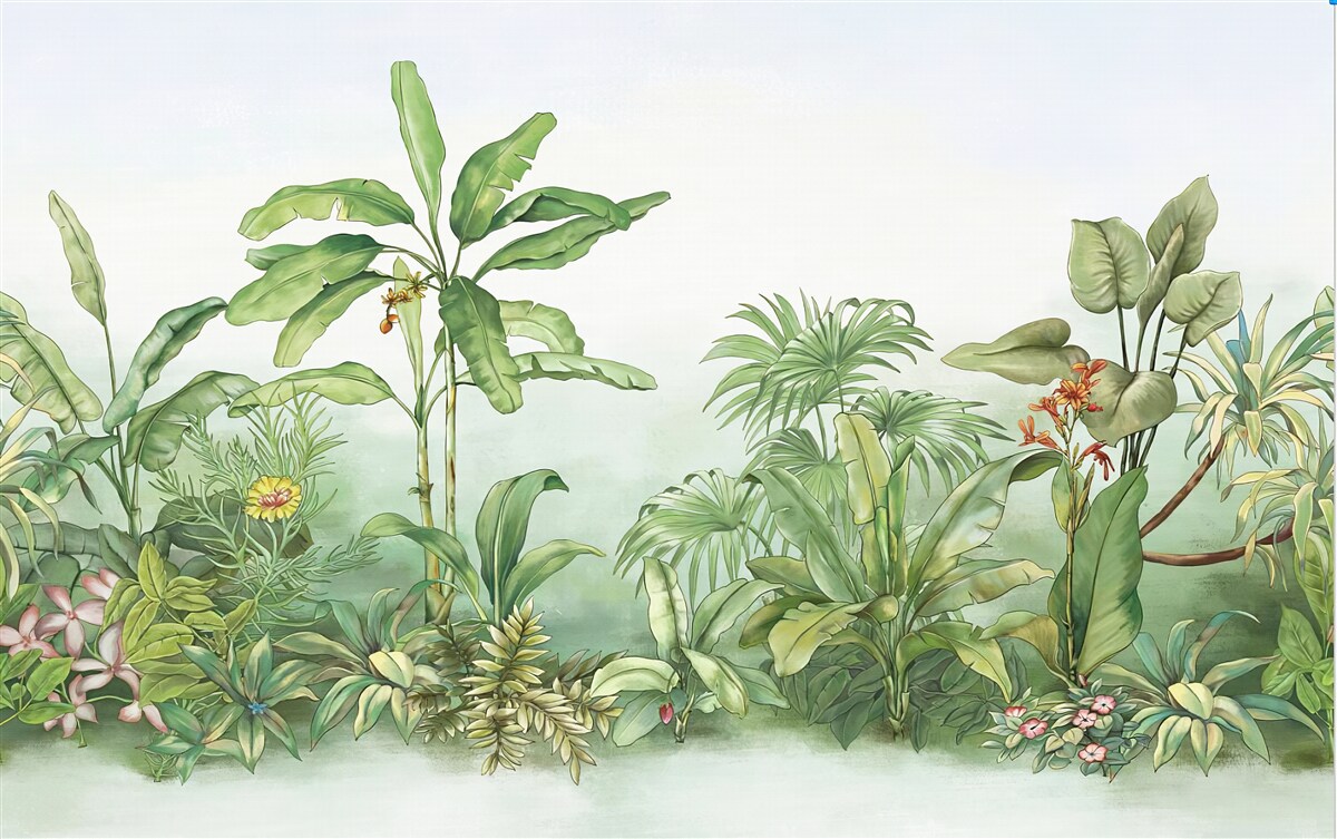 Fototapeten Tropenvegetation und leichter Sand am Strand