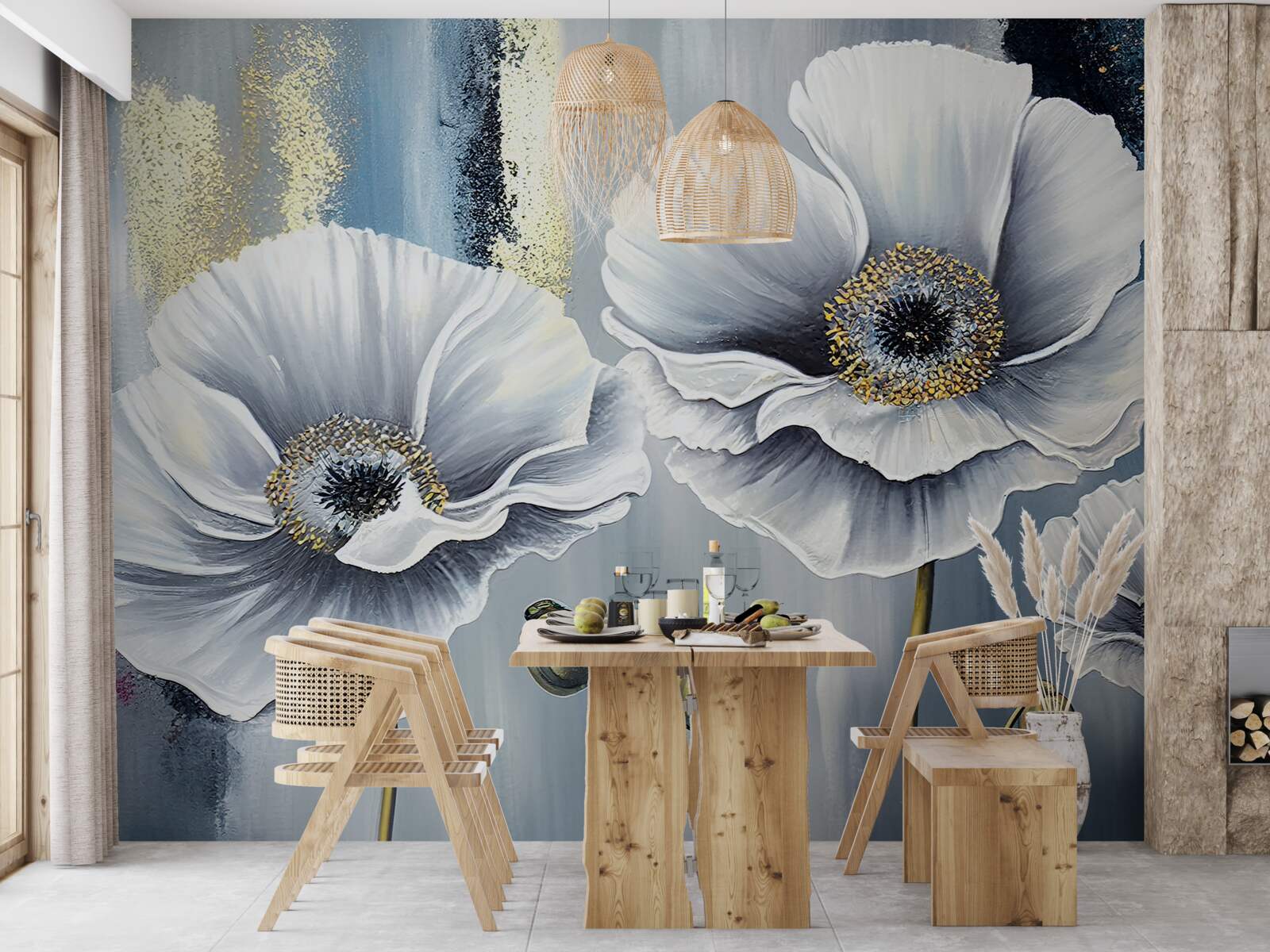 Fototapeten Glänzende weiße Köpfe blühender Mohnblumen