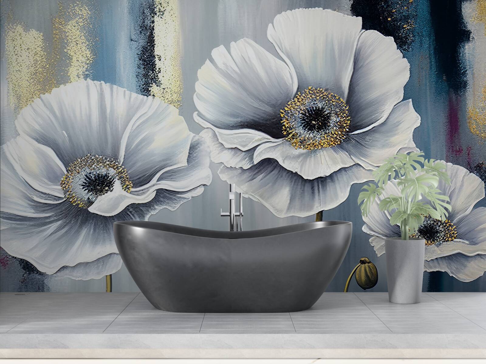 Fototapeten Glänzende weiße Köpfe blühender Mohnblumen