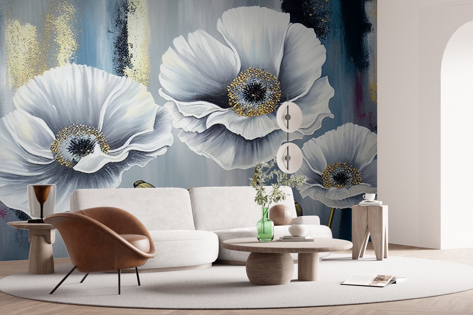 Fototapeten Glänzende weiße Köpfe blühender Mohnblumen