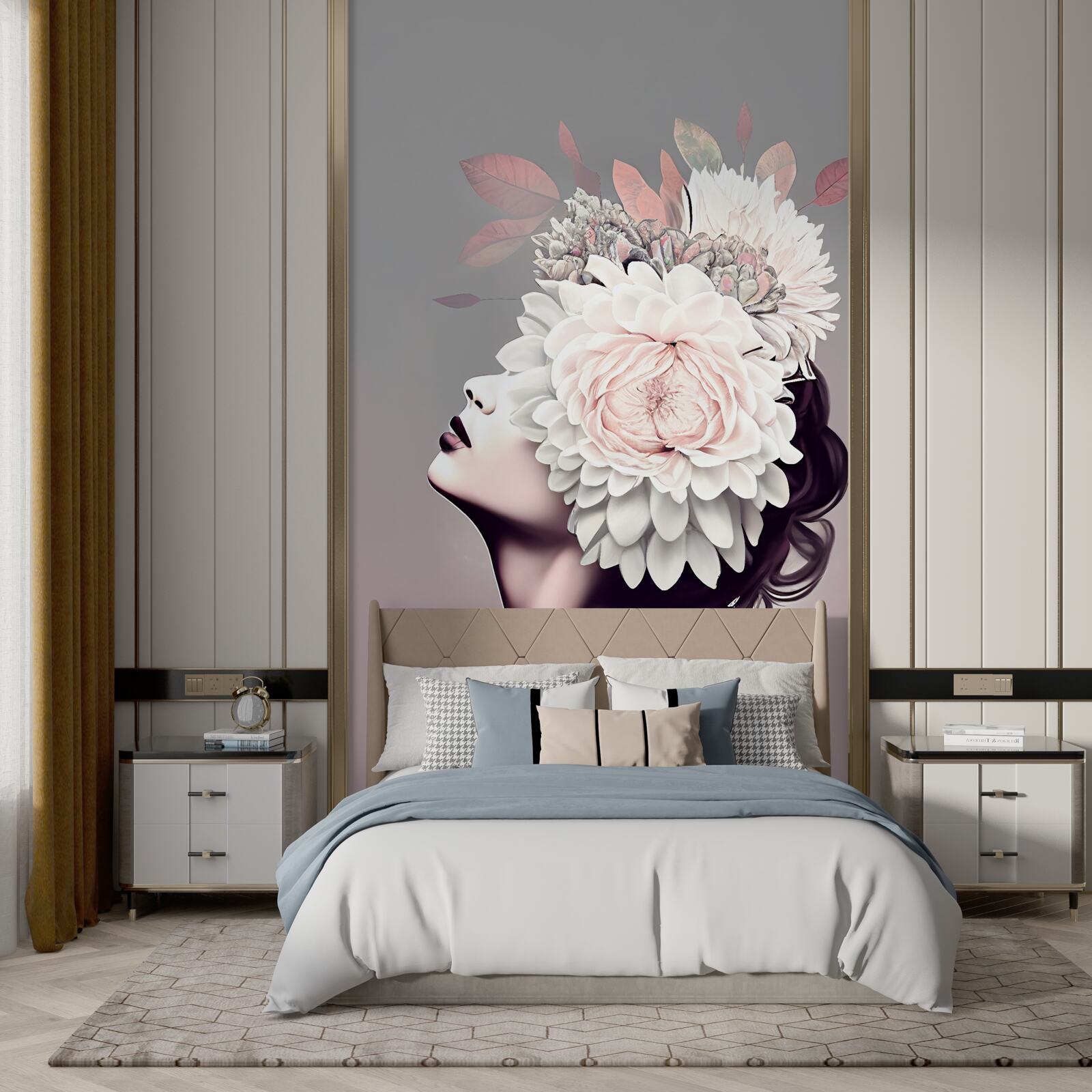 Fototapeten Eine junge Dame mit Blumen, die ihre Haare dekorieren