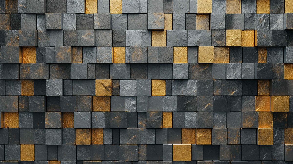 Fototapeten Die Quadrate von grauen und dunklen Farbtönen sind mit Gold gemischt