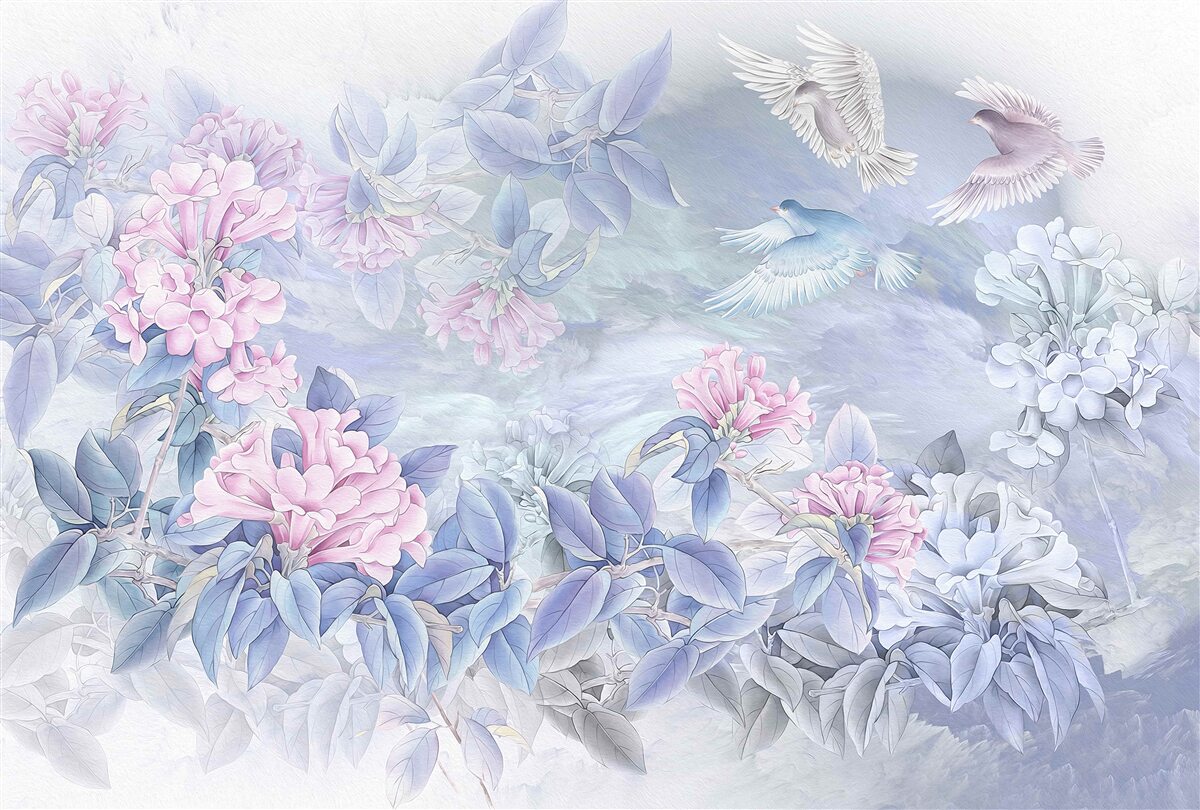 Fototapeten Die Zweige sind blau, mit rosa Blumen gekrönt