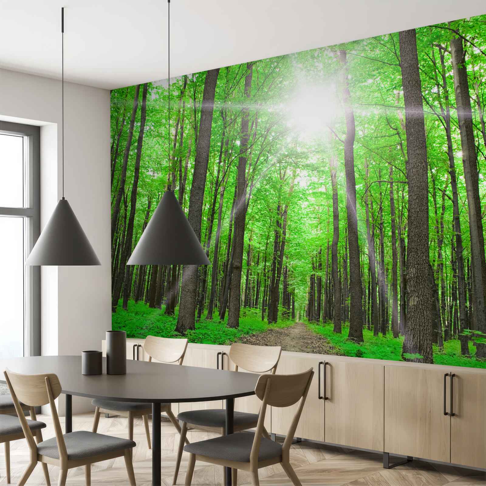 Fototapeten helles Oberlicht im dicken Grün der Bäume