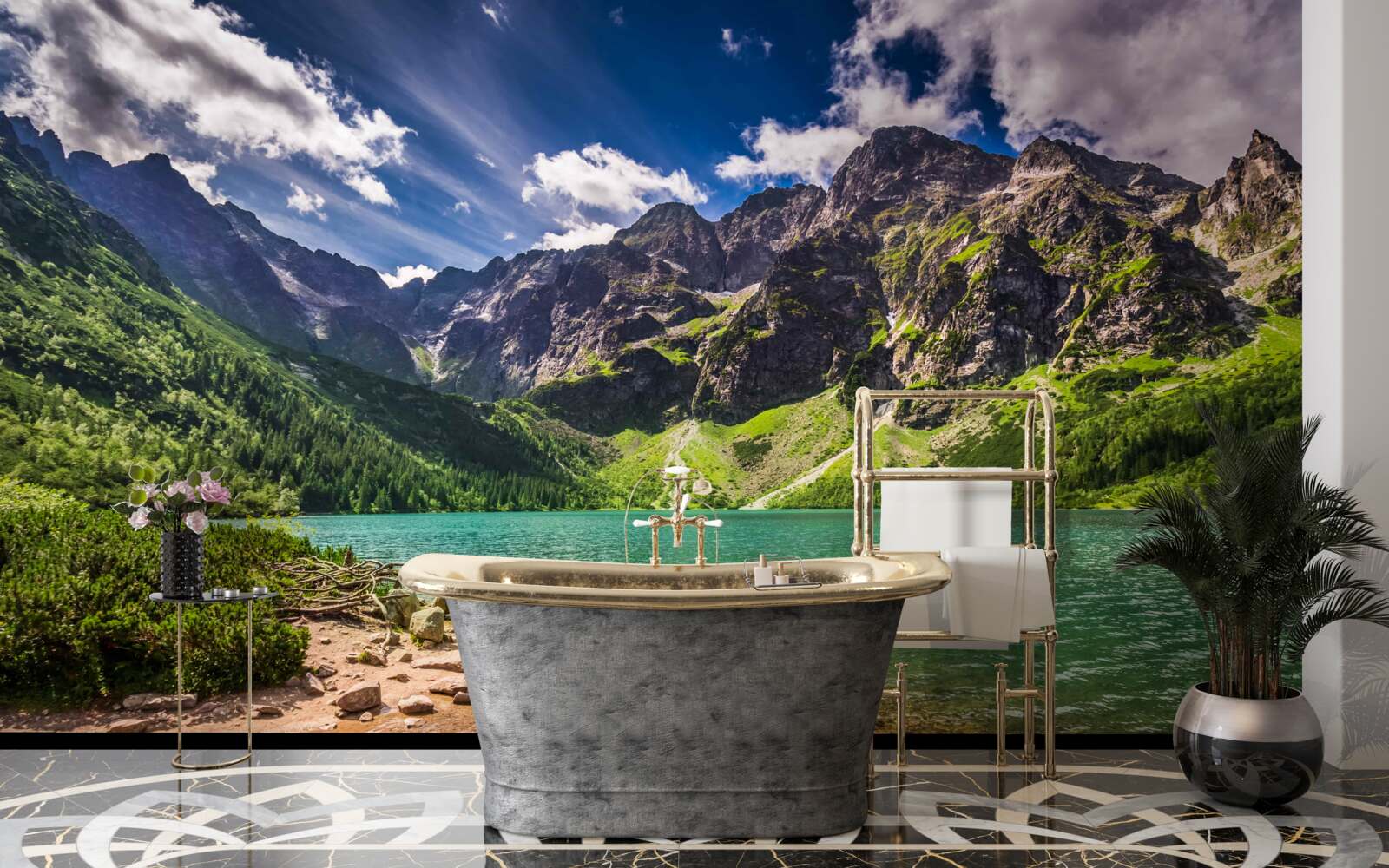 Fototapeten Sommertag in der Nähe des Sees, umgeben von grünlichen Bergen