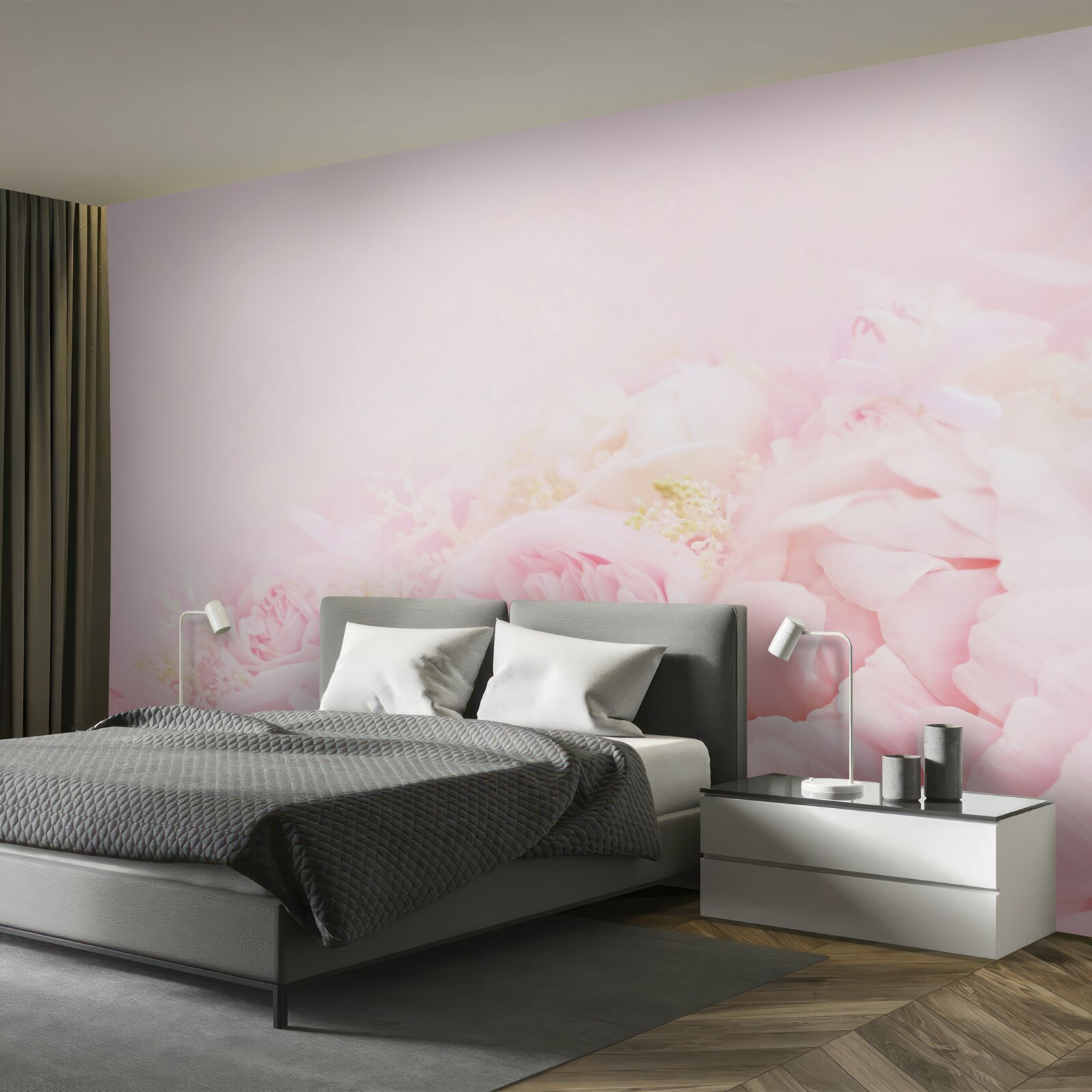 Fototapeten Rose mit rosa Pfingstrosen -fehlgeschlagene Flocken