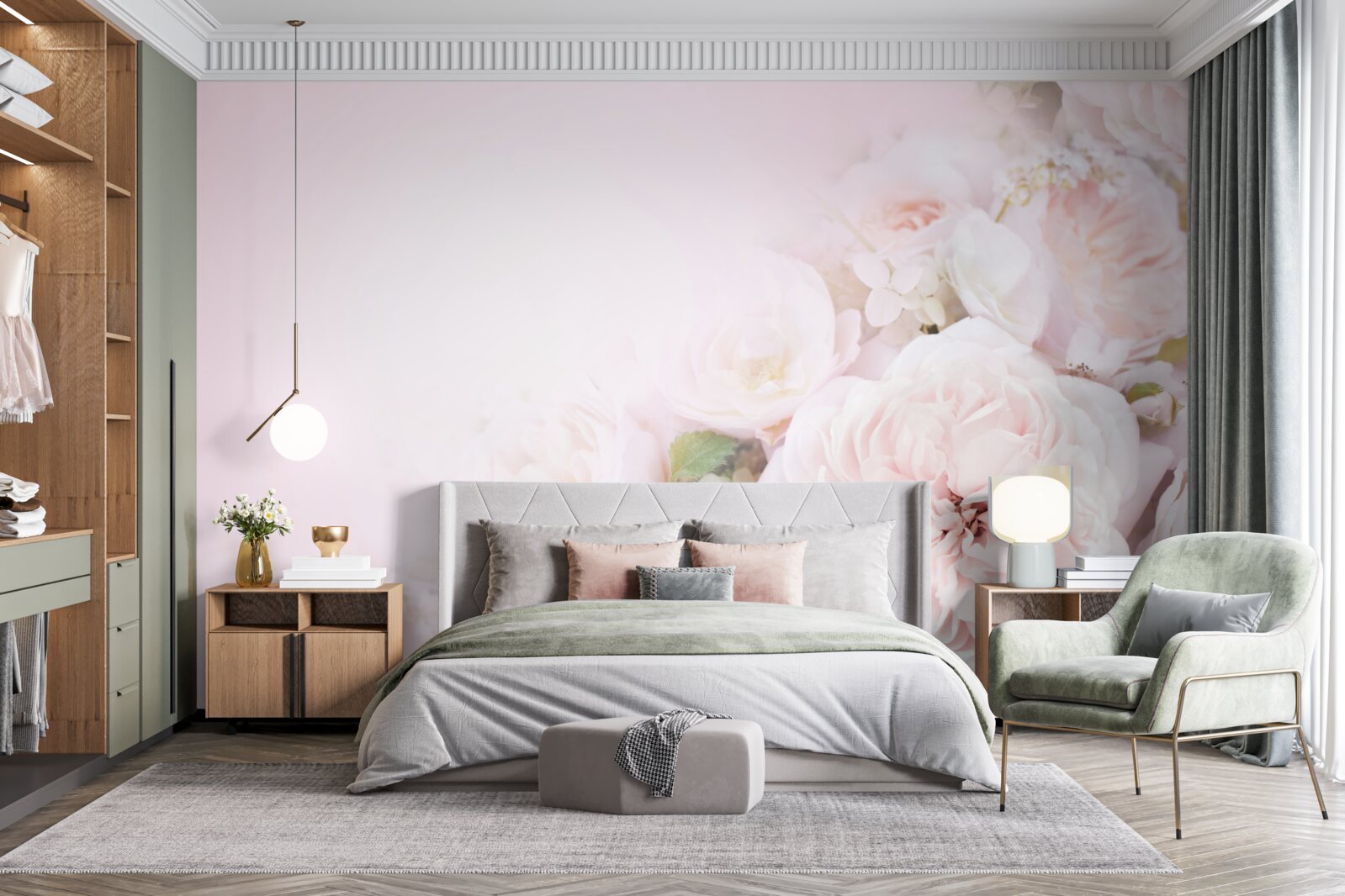 Fototapeten Der helle Hintergrund ist mit zarten Blumen dekoriert