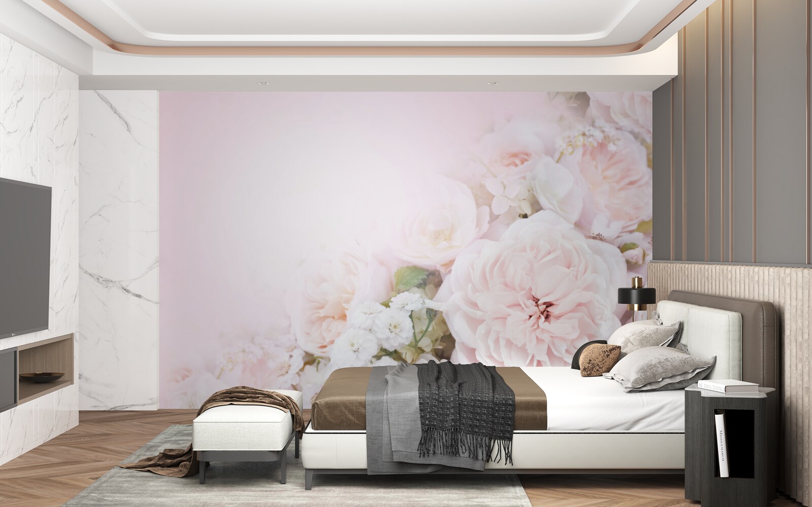 Fototapeten Der helle Hintergrund ist mit zarten Blumen dekoriert