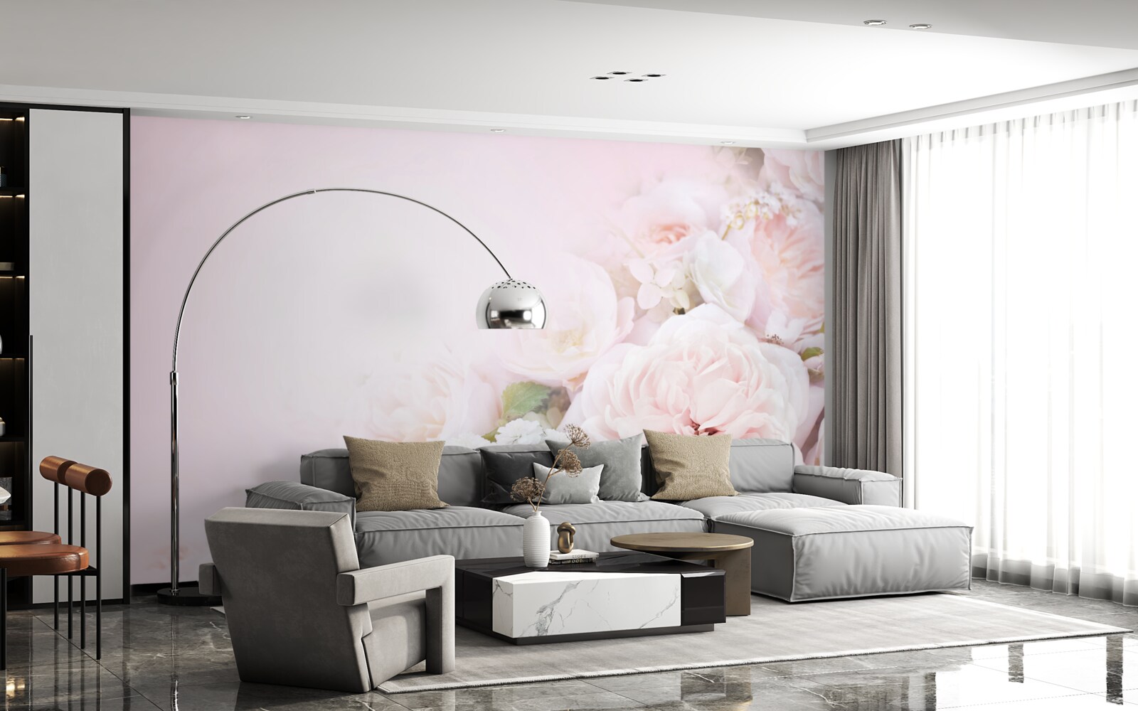 Fototapeten Der helle Hintergrund ist mit zarten Blumen dekoriert