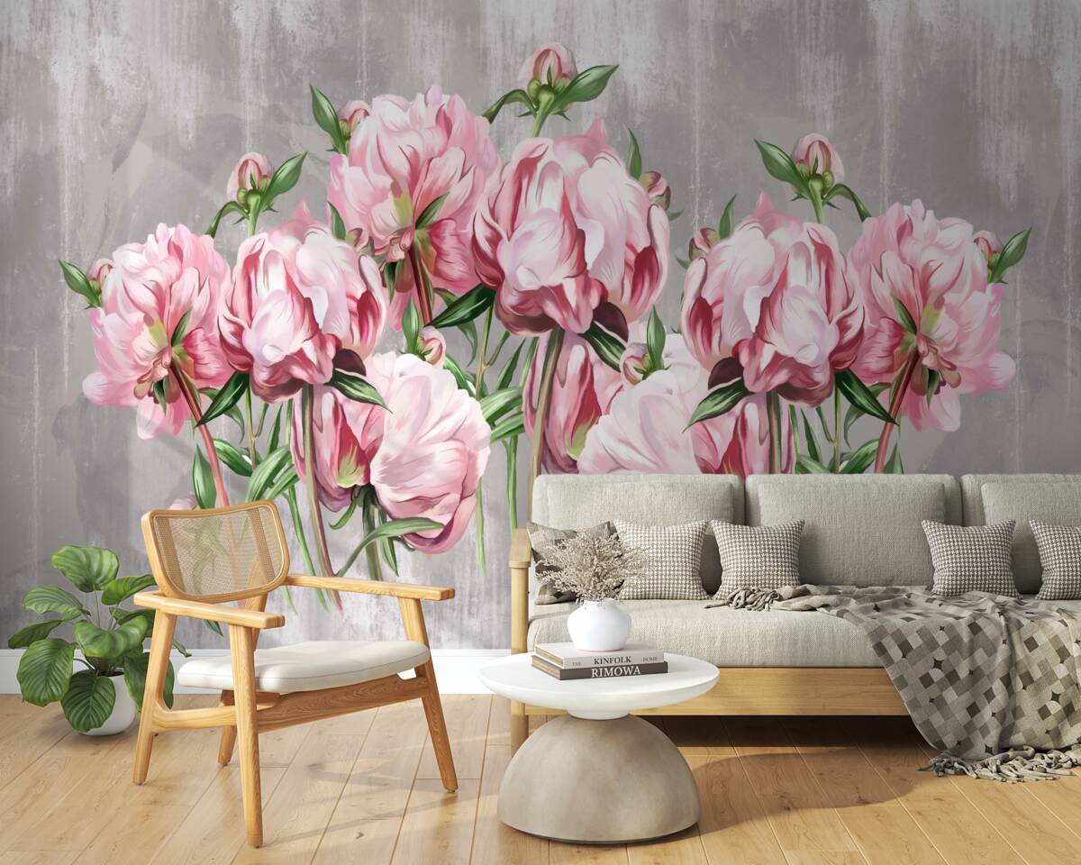 Fototapeten Regenzeit und rosa Pfingstrosen