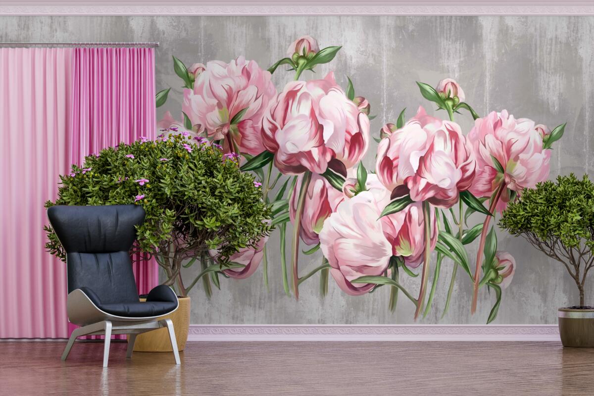 Fototapeten Regenzeit und rosa Pfingstrosen