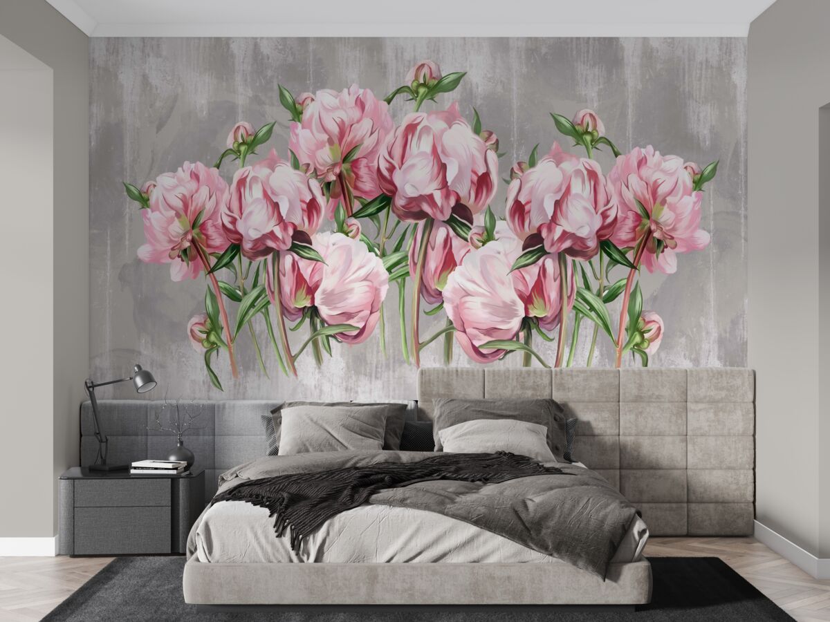 Fototapeten Regenzeit und rosa Pfingstrosen