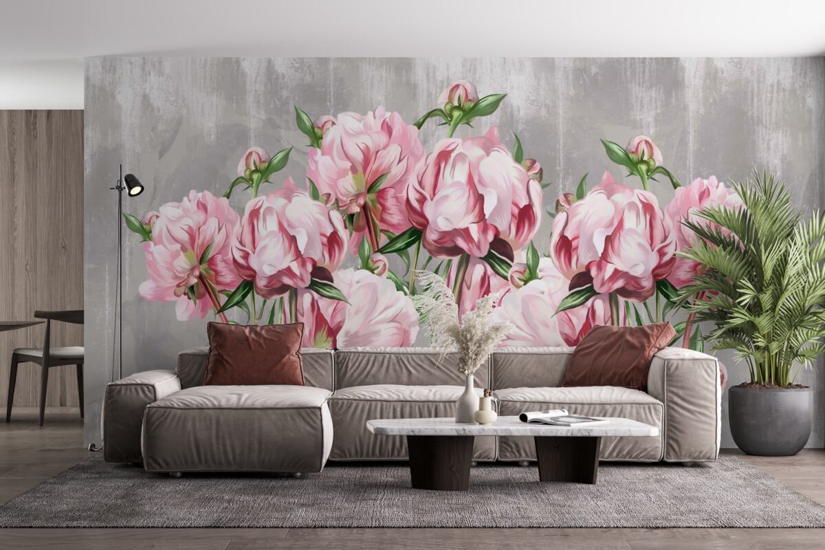 Fototapeten Regenzeit und rosa Pfingstrosen
