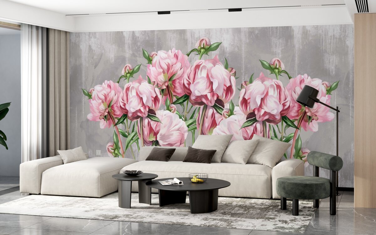 Fototapeten Regenzeit und rosa Pfingstrosen