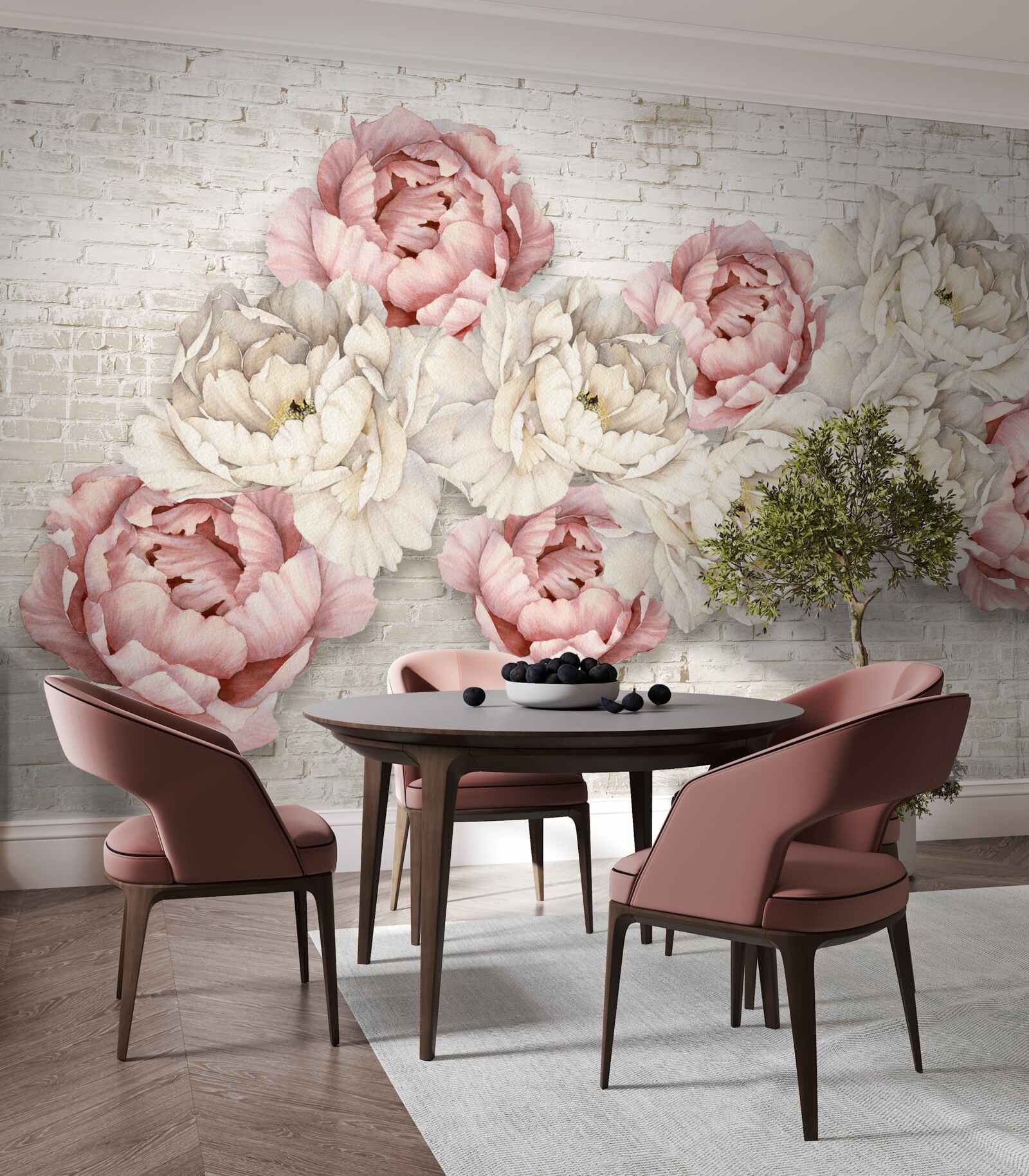 Fototapeten Der Backsteinhintergrund ist mit weißen und rosa Knospen dekoriert