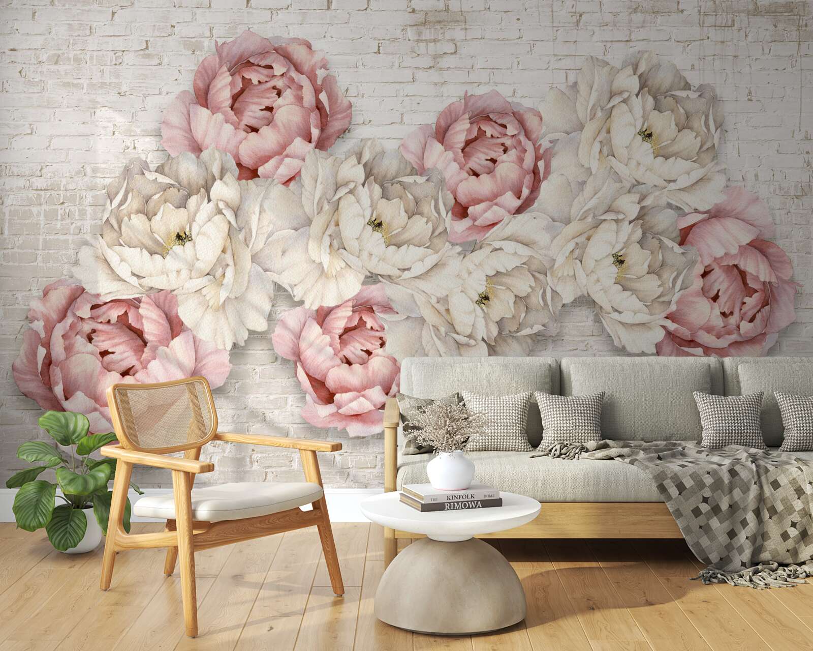 Fototapeten Der Backsteinhintergrund ist mit weißen und rosa Knospen dekoriert