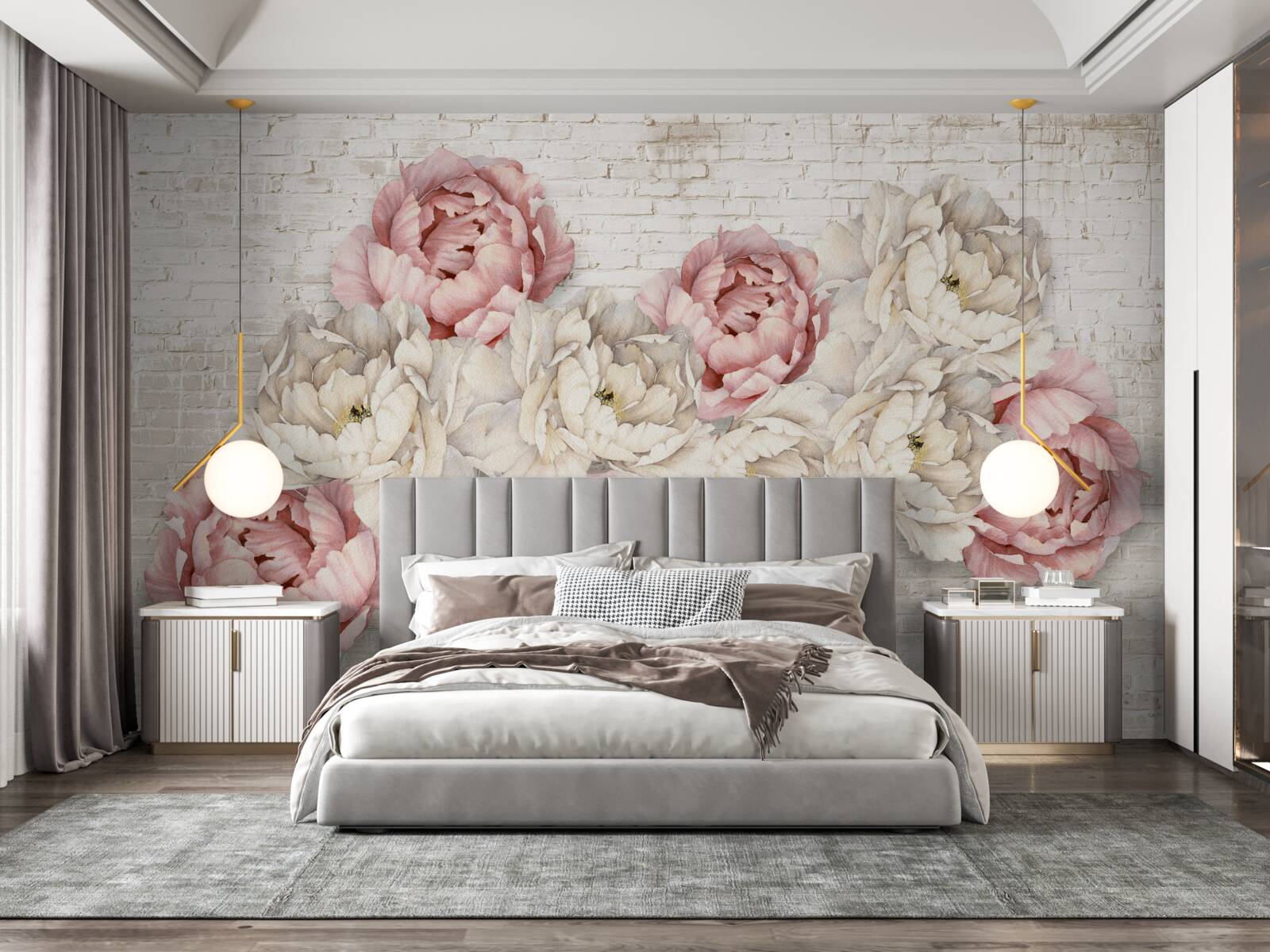 Fototapeten Der Backsteinhintergrund ist mit weißen und rosa Knospen dekoriert